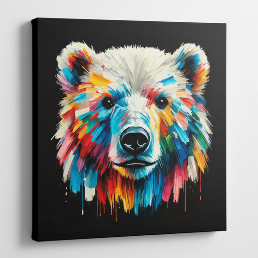 Colourful Polar Bear wildlife portrait canvas print - UK made abstract animal wall art black background