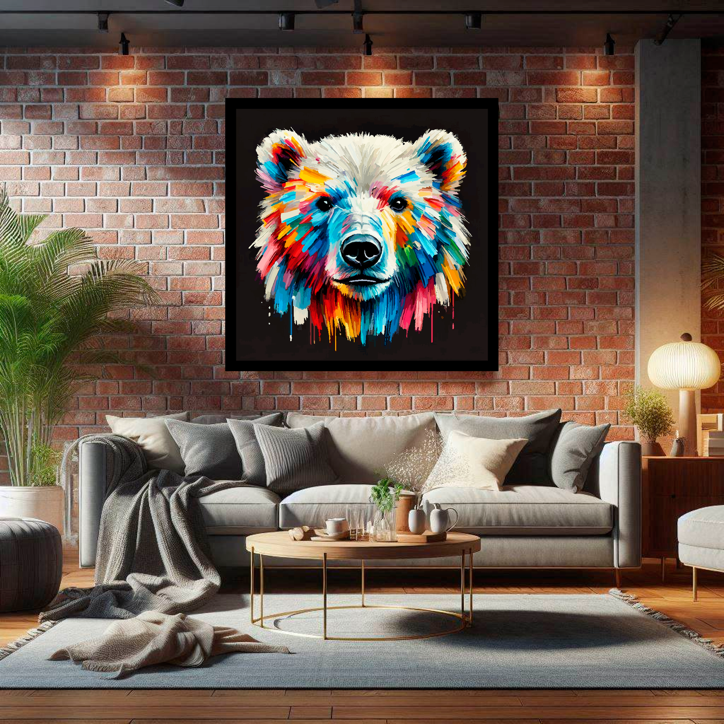 Large Polar Bear canvas on brick wall above grey sofa - bold wildlife portrait UK living room