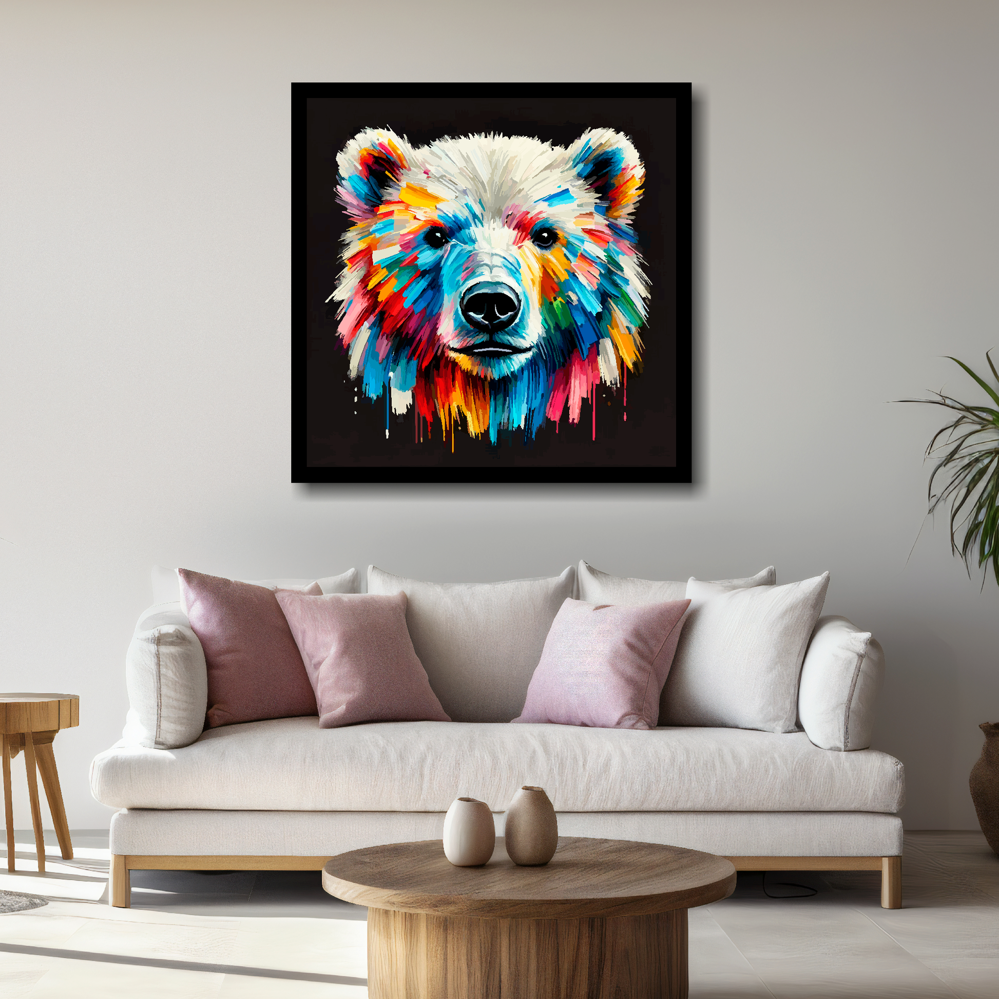Large Polar Bear canvas above white sofa - vibrant abstract wildlife portrait wall art UK