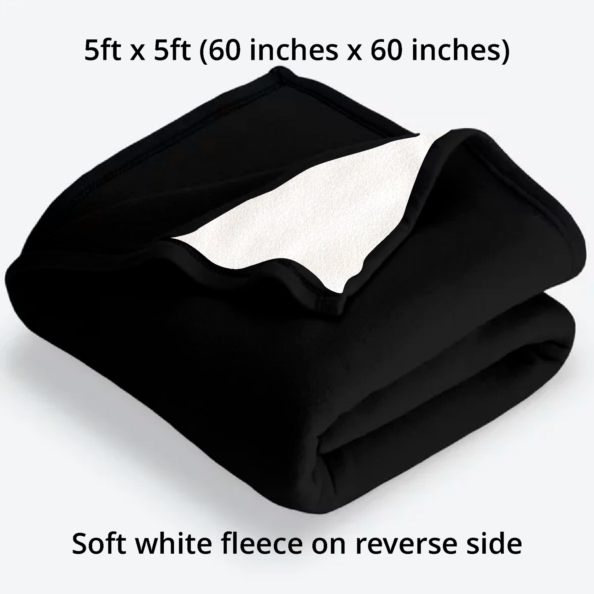 Folded black fleece blanket with soft white fleece on the reverse side, 60x60 inches. Made in the UK.