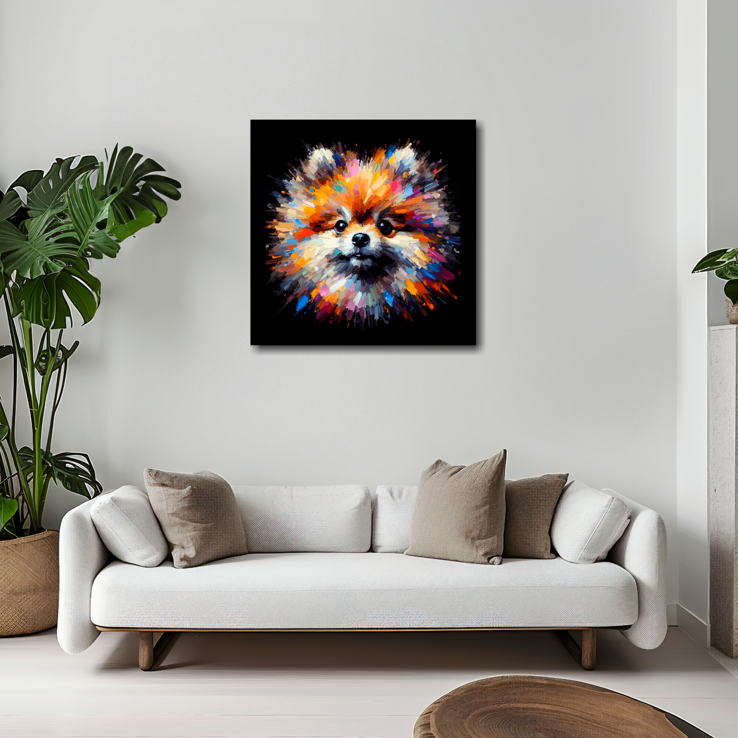 Pomeranian canvas 20x20 inches above white sofa - vibrant dog portrait wall art UK