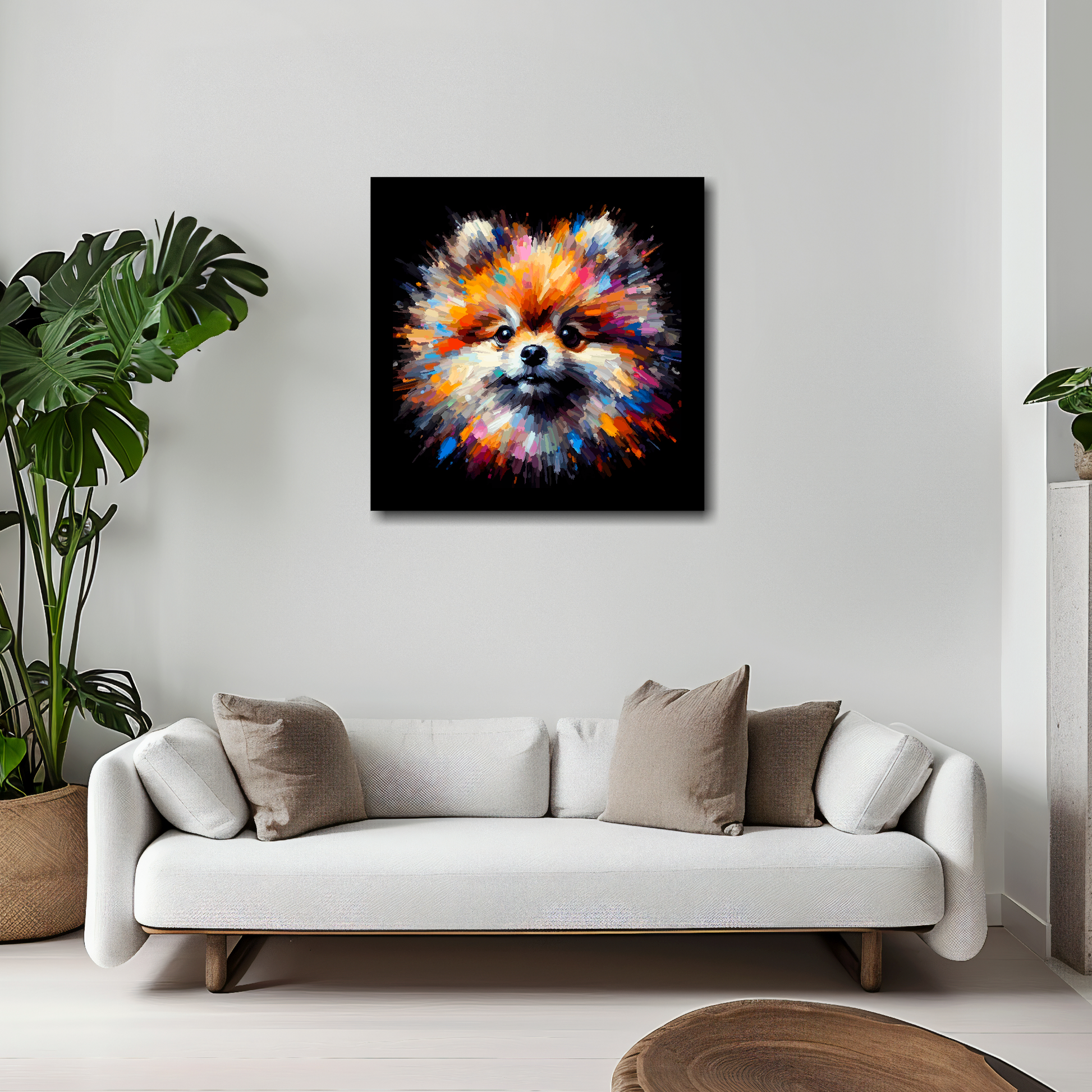 Pomeranian canvas 20x20 inches above white sofa - vibrant dog portrait wall art UK