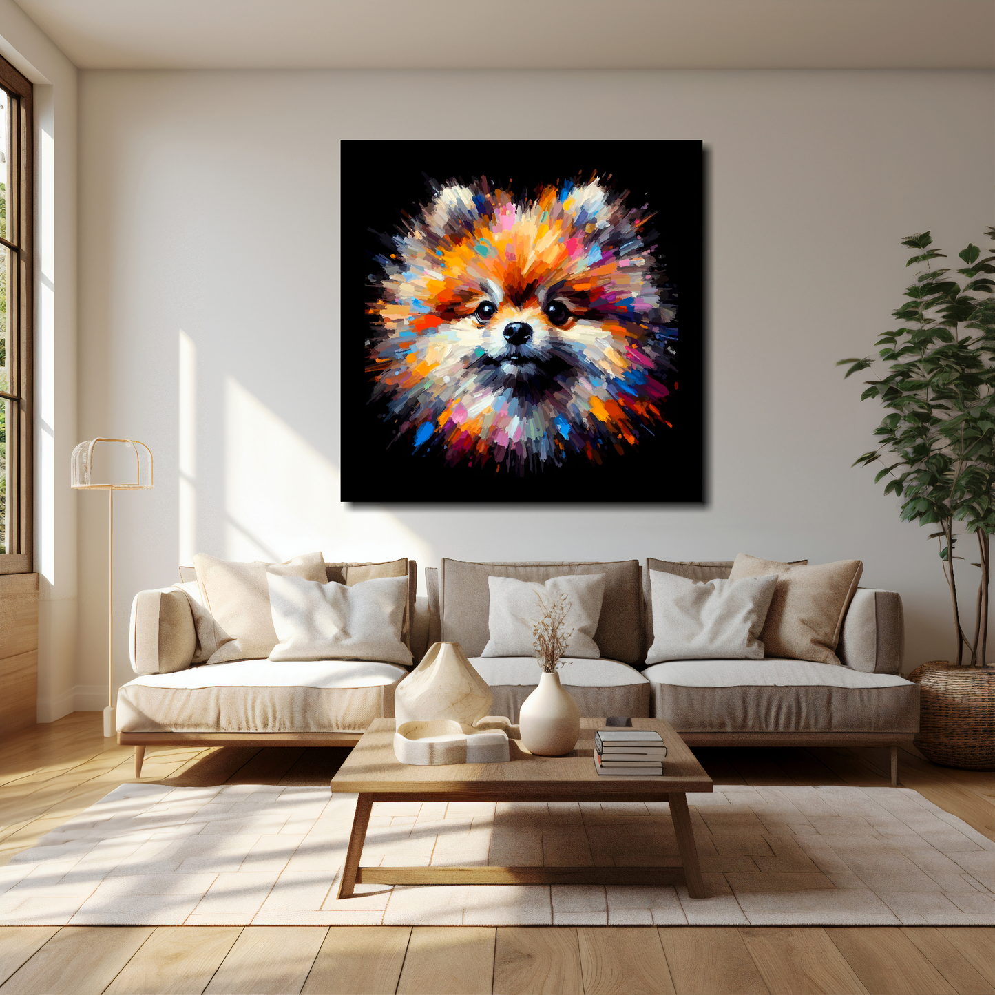 Pomeranian canvas 40x40 inches above cream sofa - XL vibrant dog wall art UK