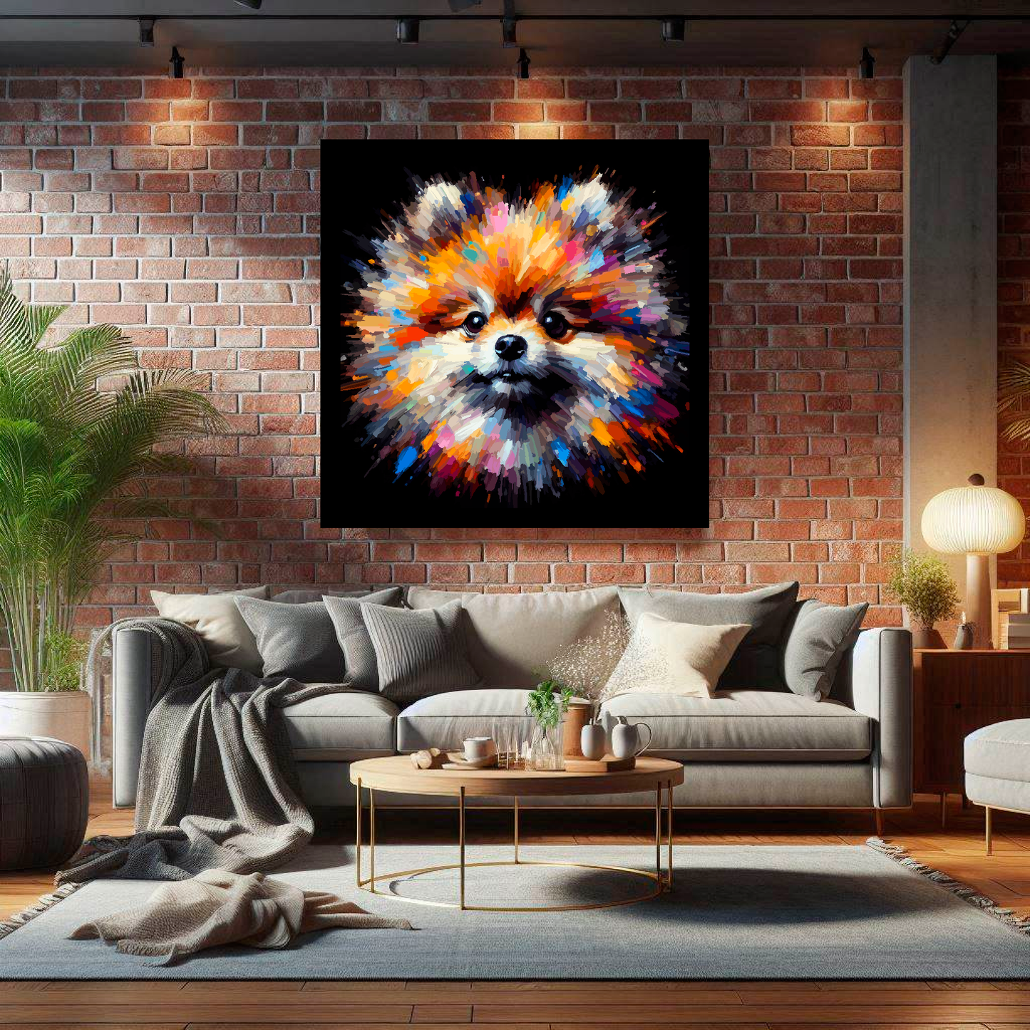 Large Pomeranian canvas on brick wall above grey sofa - bold dog portrait UK living room