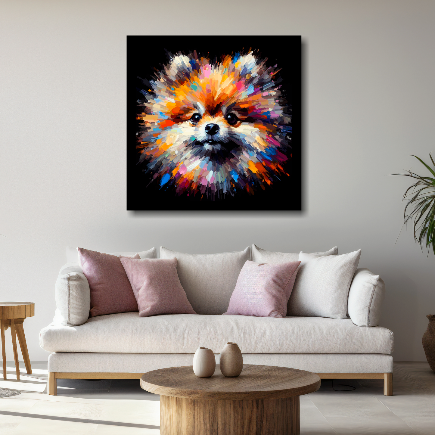 Large Pomeranian canvas above white sofa - vibrant abstract dog portrait wall art UK