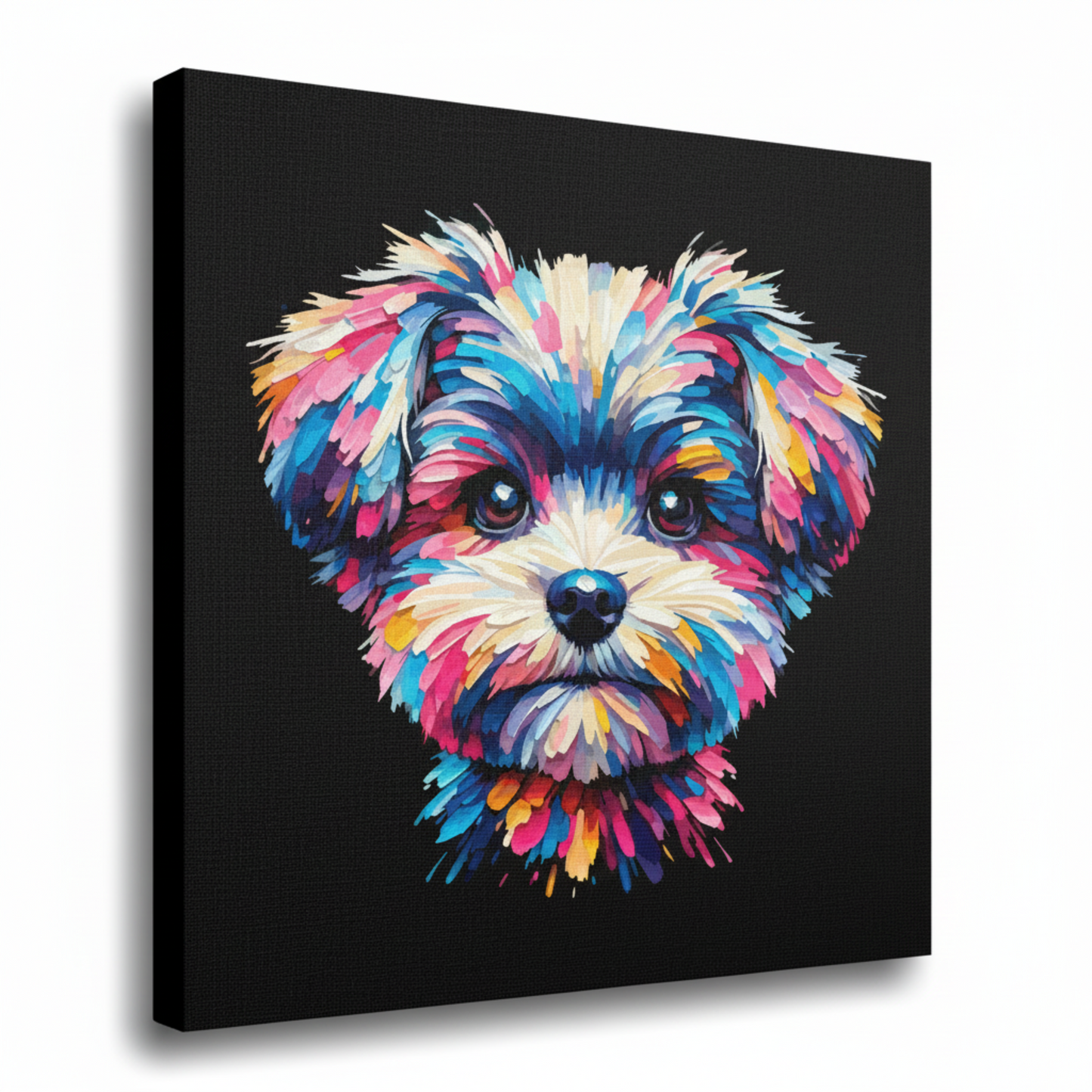 Colourful Pompapoo dog portrait canvas print - UK made abstract pet wall art black background