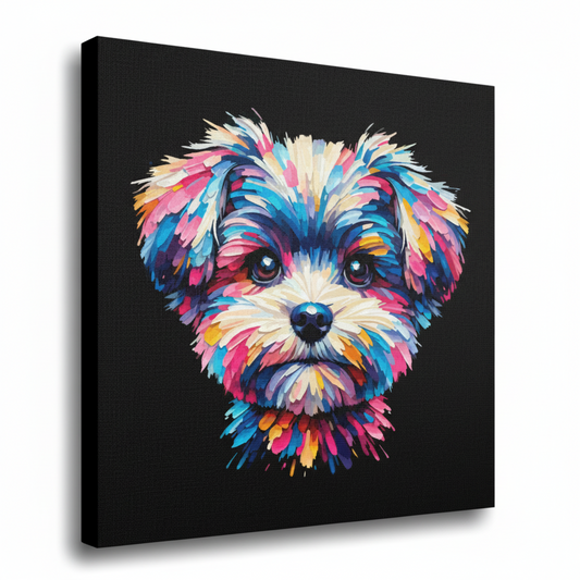Colourful Pompapoo dog portrait canvas print - UK made abstract pet wall art black background
