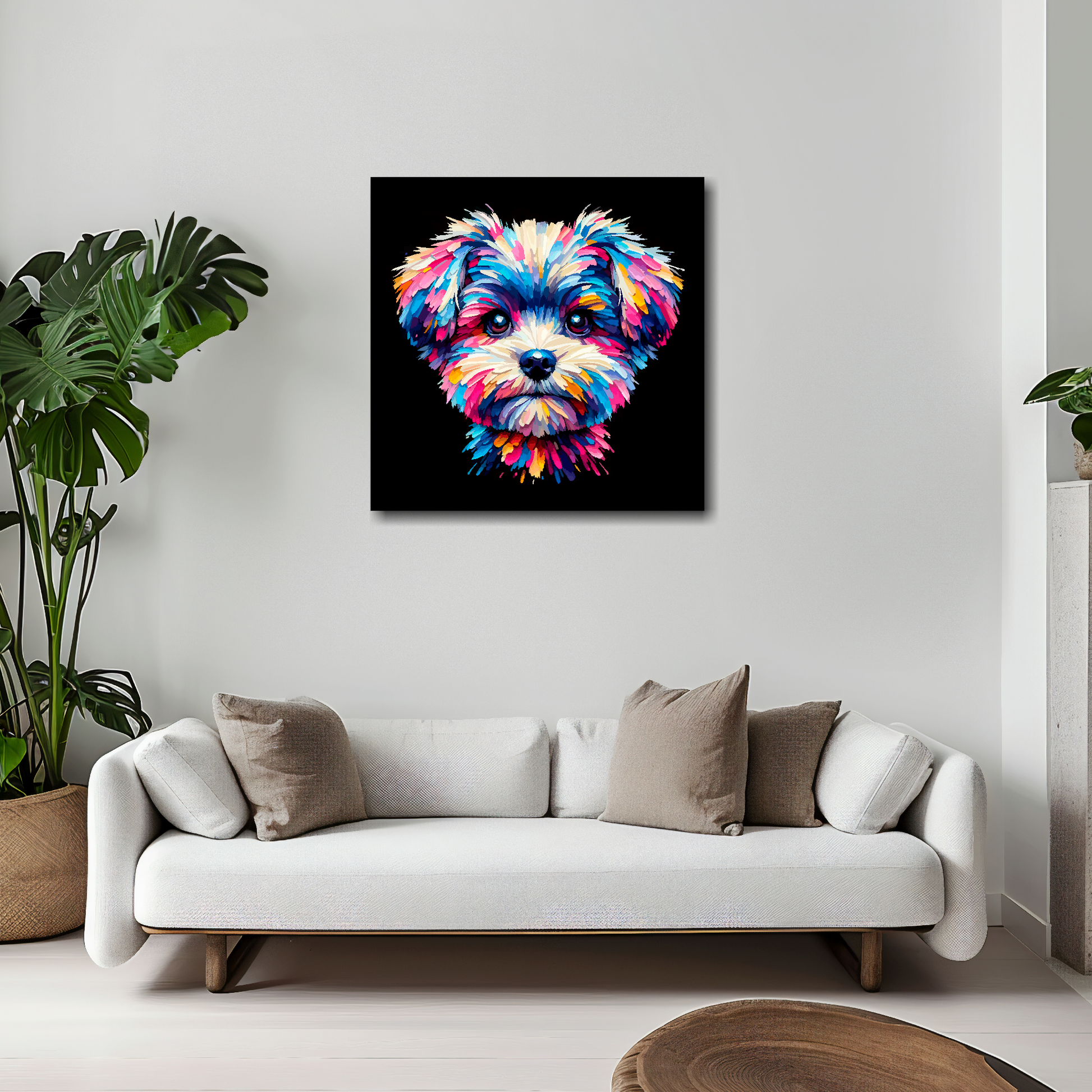 Pompapoo canvas 20x20 inches above white sofa - vibrant dog portrait wall art UK