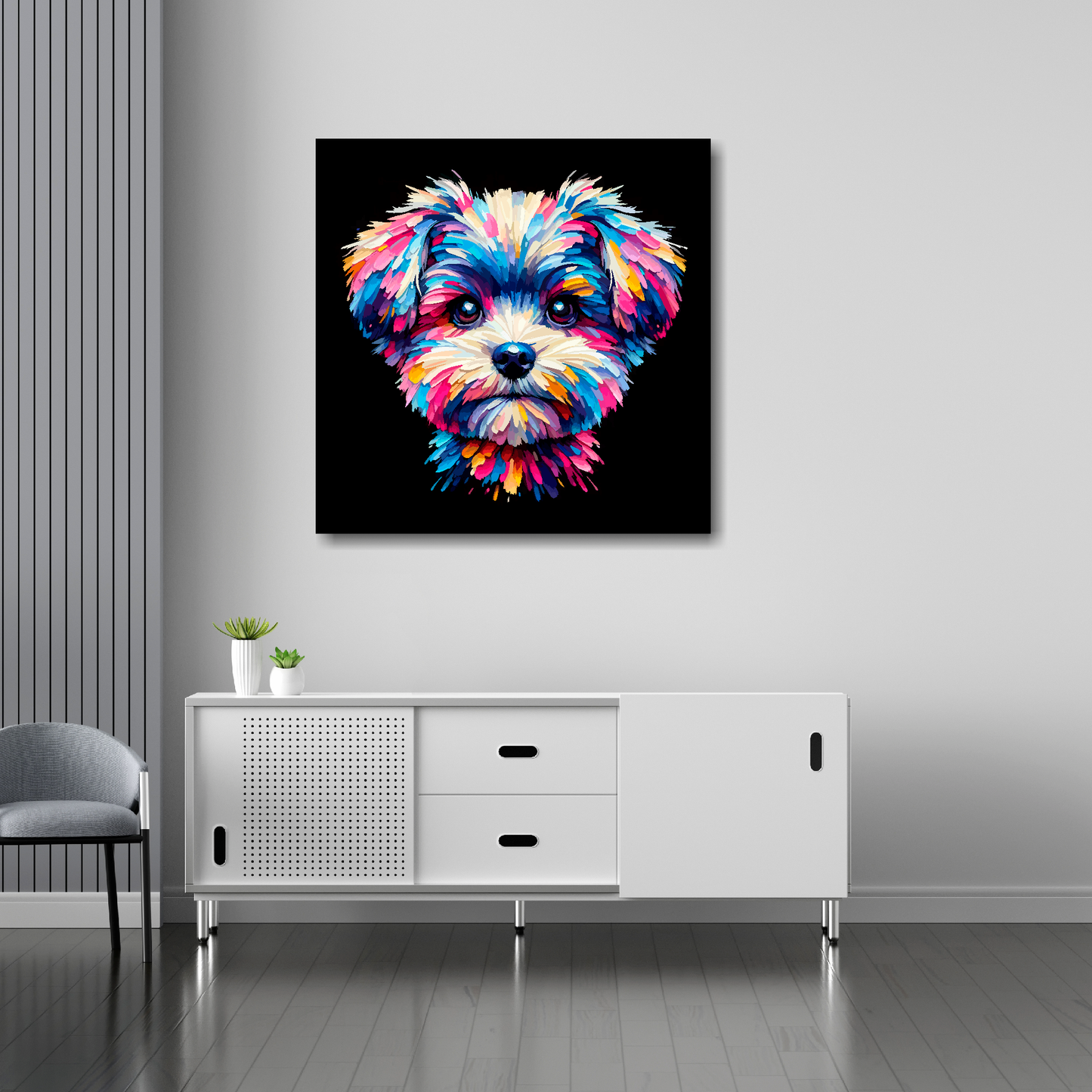 Pompapoo canvas 30x30 inches above sideboard - large colourful dog portrait UK made