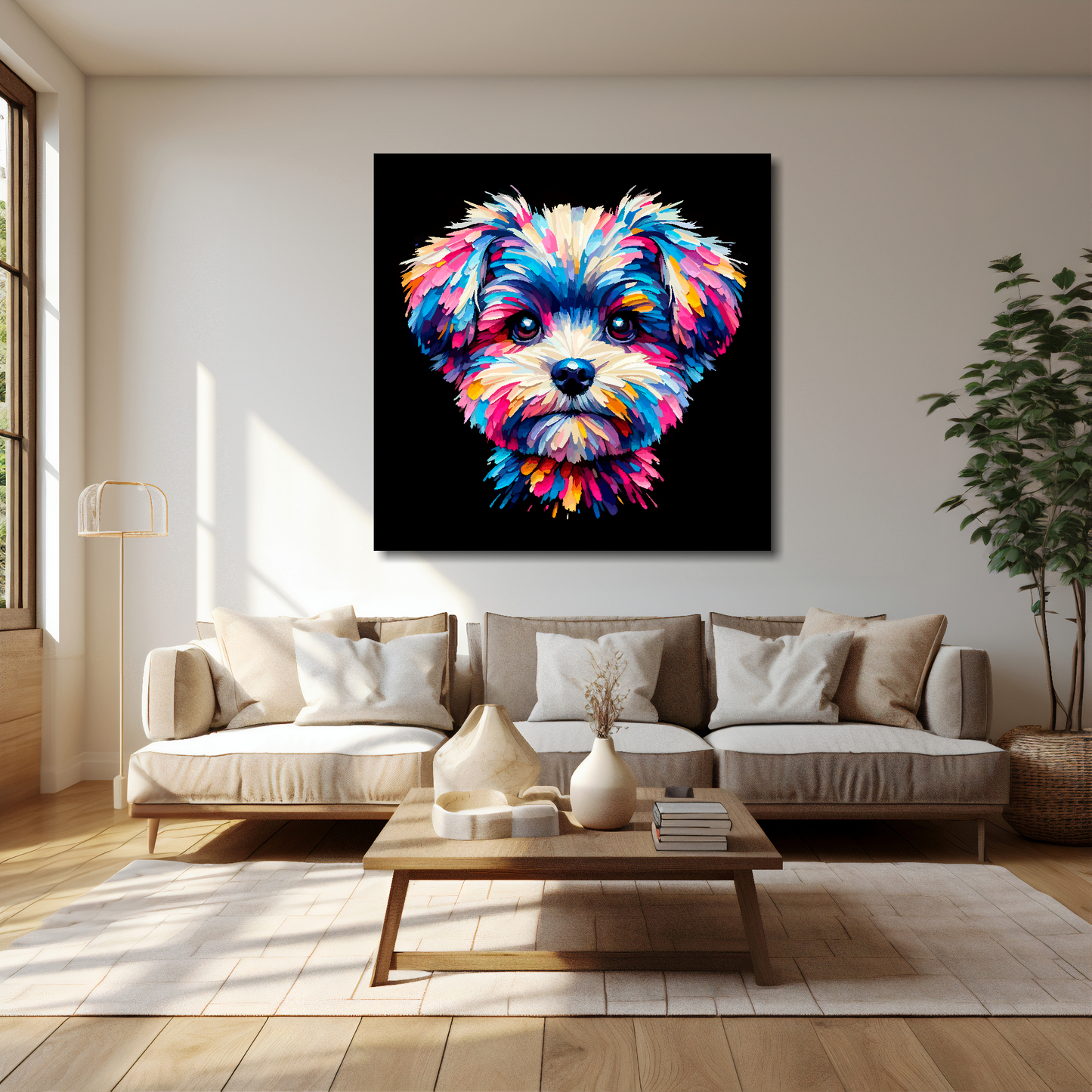 Pompapoo canvas 40x40 inches above cream sofa - XL vibrant dog wall art UK