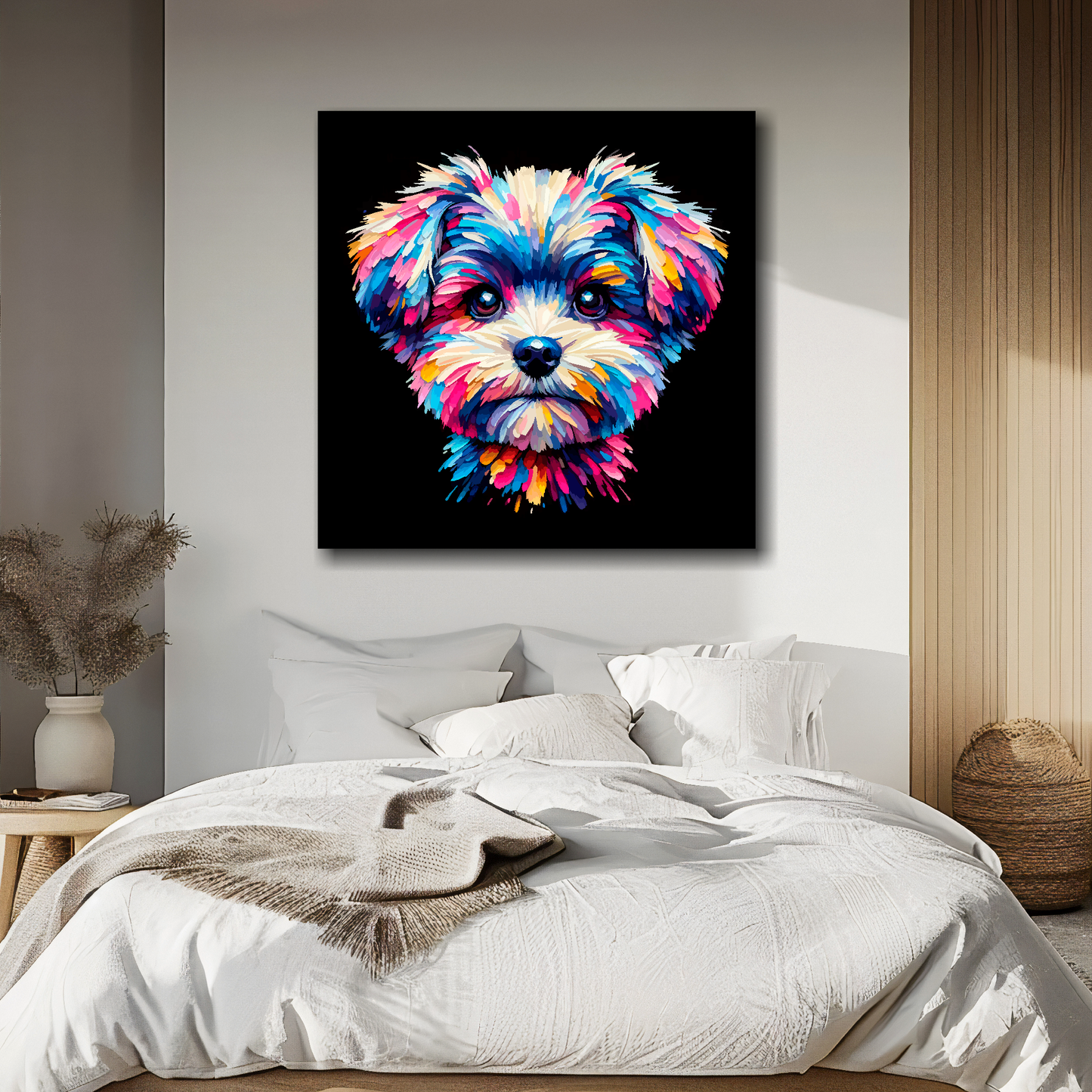 Pompapoo portrait canvas above bed - colourful dog wall decor for UK bedrooms