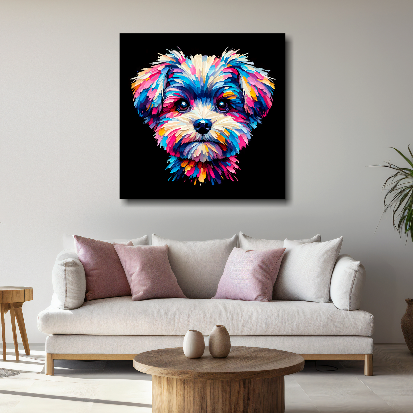 Large Pompapoo canvas above white sofa - vibrant abstract dog portrait wall art UK