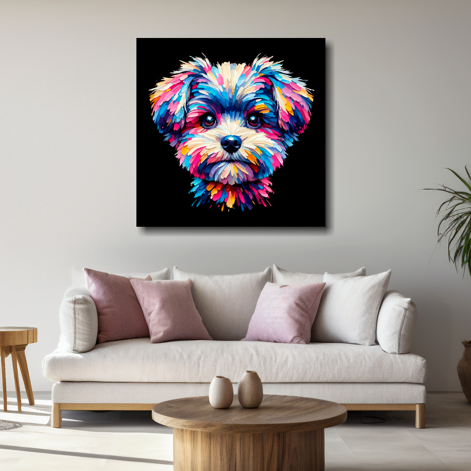 Large Pompapoo canvas above white sofa - vibrant abstract dog portrait wall art UK
