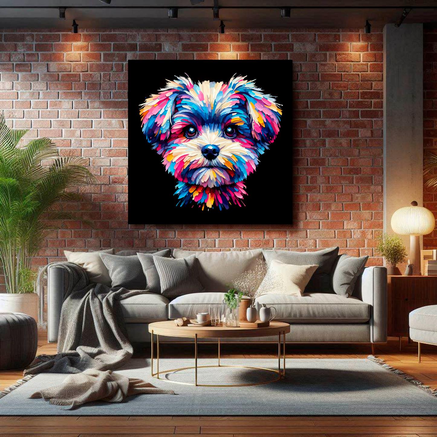 Large Pompapoo canvas on brick wall above grey sofa - bold dog portrait UK living room