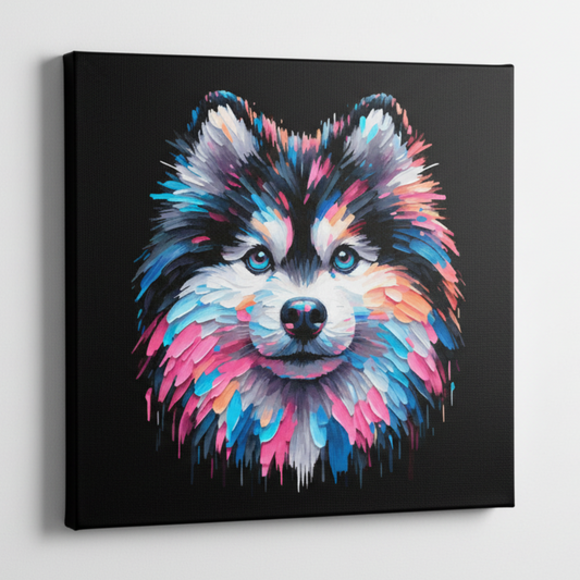 Colourful Pomsky dog portrait canvas print - UK made abstract pet wall art black background