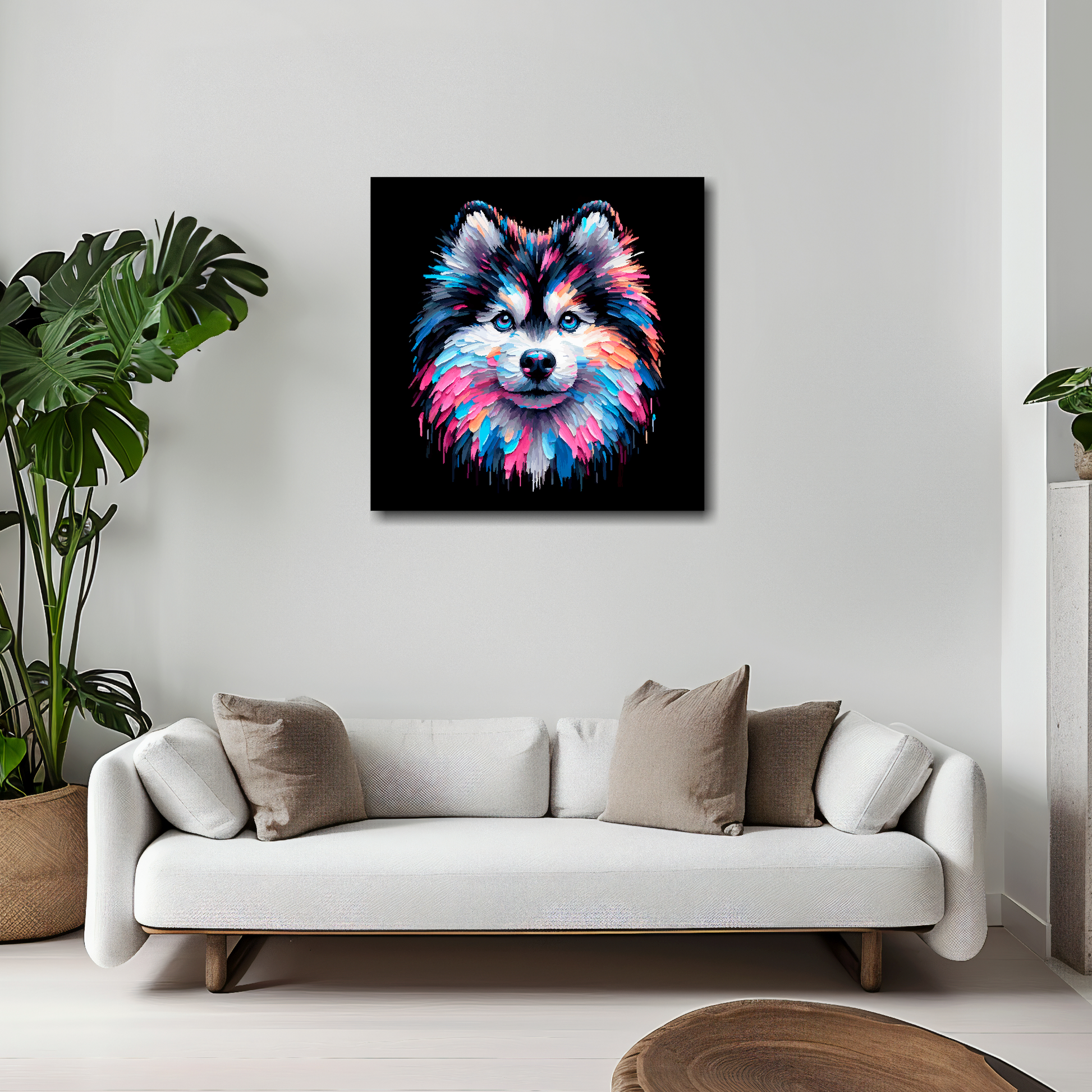 Pomsky canvas 20x20 inches above white sofa - vibrant dog portrait wall art UK