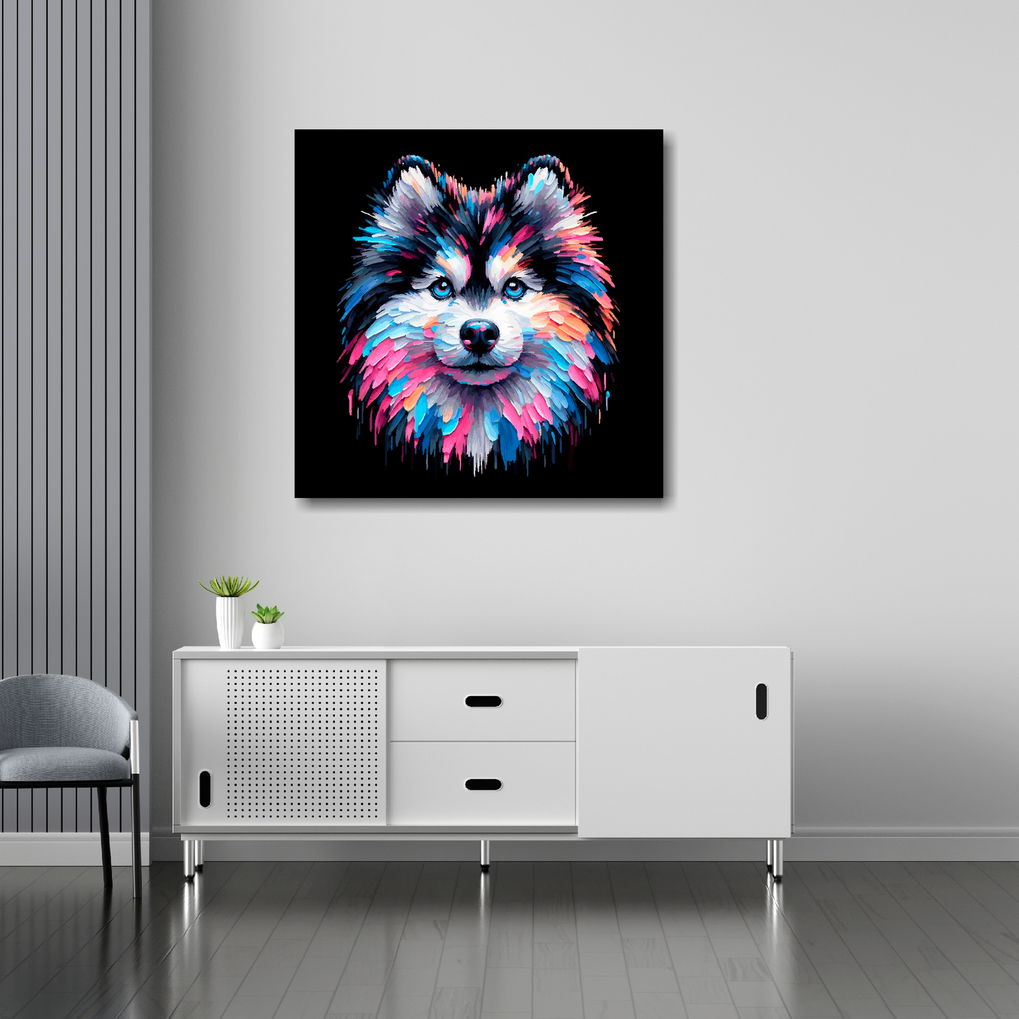 Pomsky canvas 30x30 inches above sideboard - large colourful dog portrait UK made