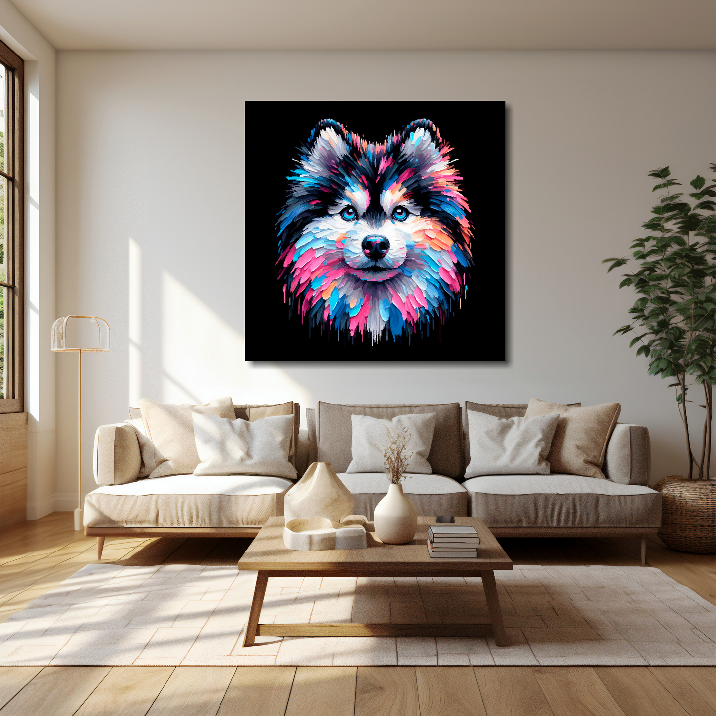 Pomsky canvas 40x40 inches above cream sofa - XL vibrant dog wall art UK