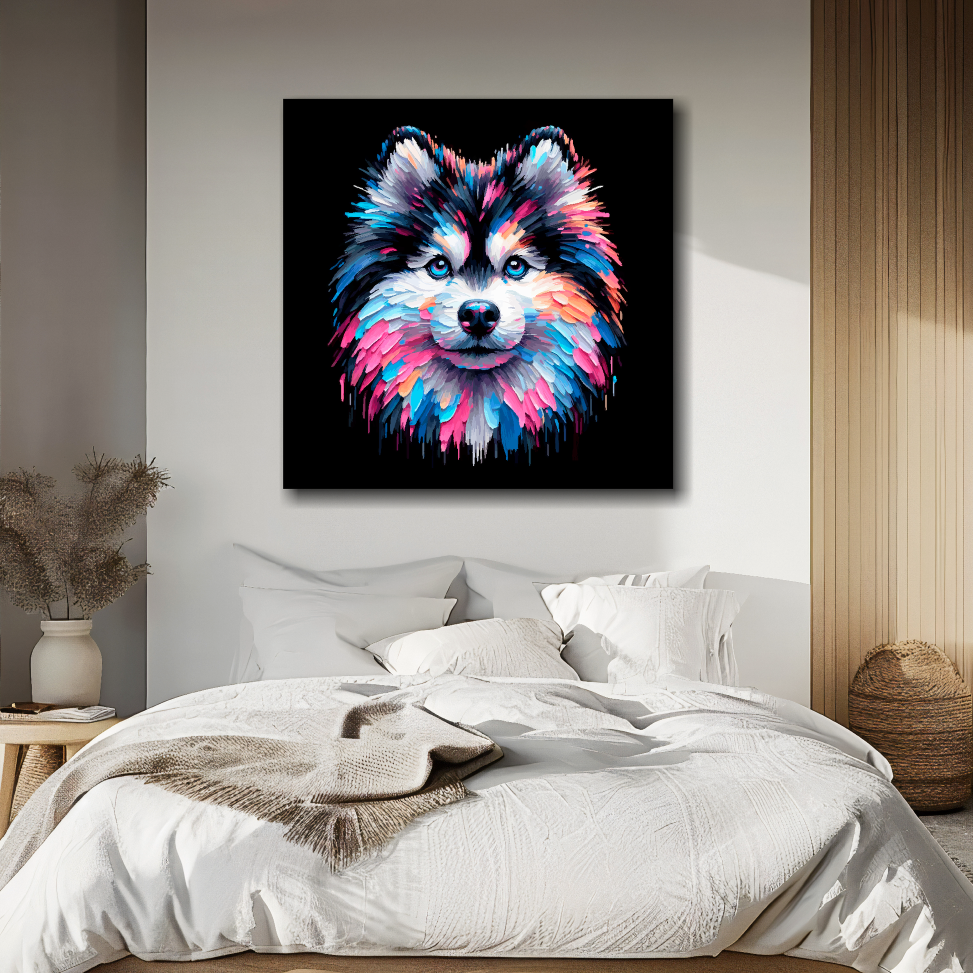 Pomsky portrait canvas above bed - colourful dog wall decor for UK bedrooms