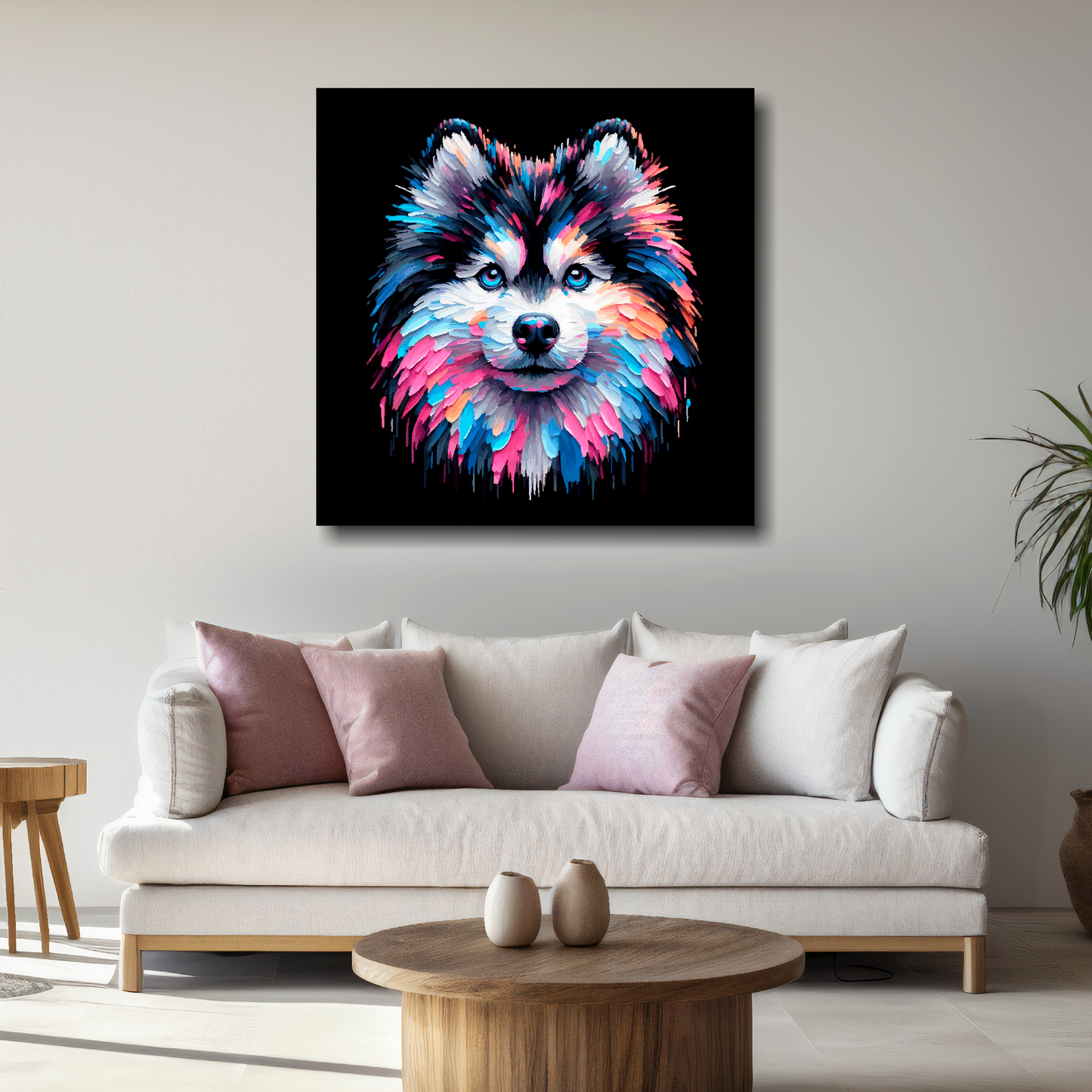 Large Pomsky canvas above white sofa - vibrant abstract dog portrait wall art UK