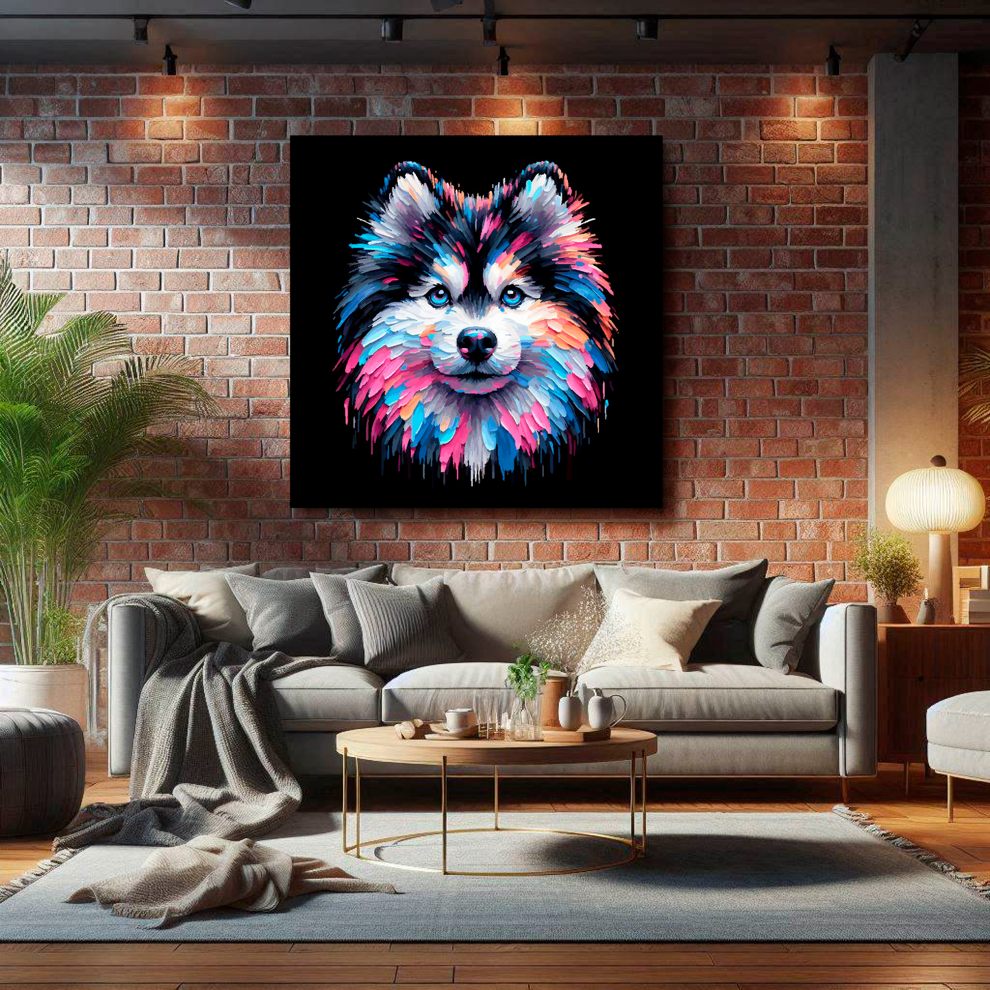 Large Pomsky canvas on brick wall above grey sofa - bold dog portrait UK living room