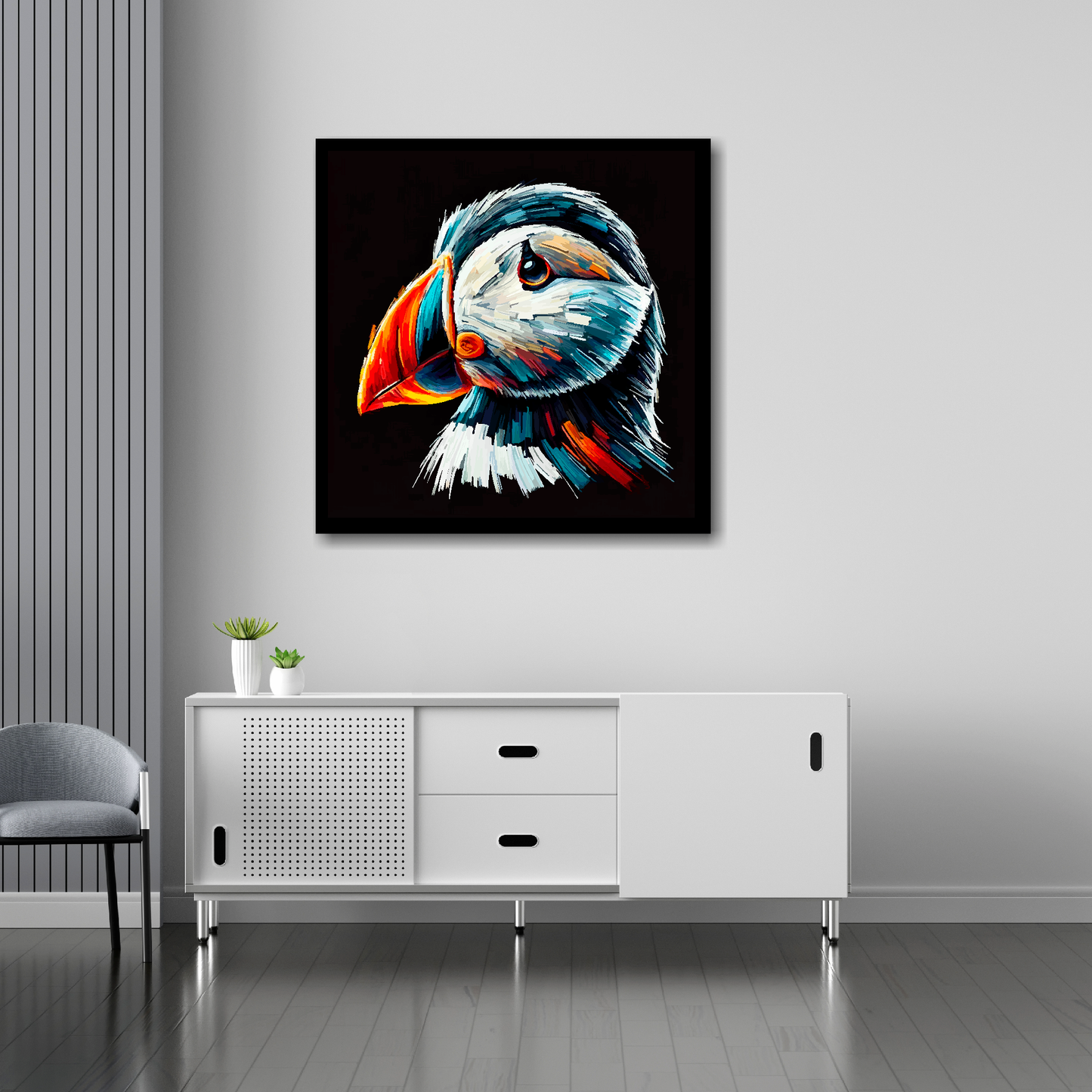 Puffin canvas 30x30 inches above sideboard - large colourful bird portrait UK made