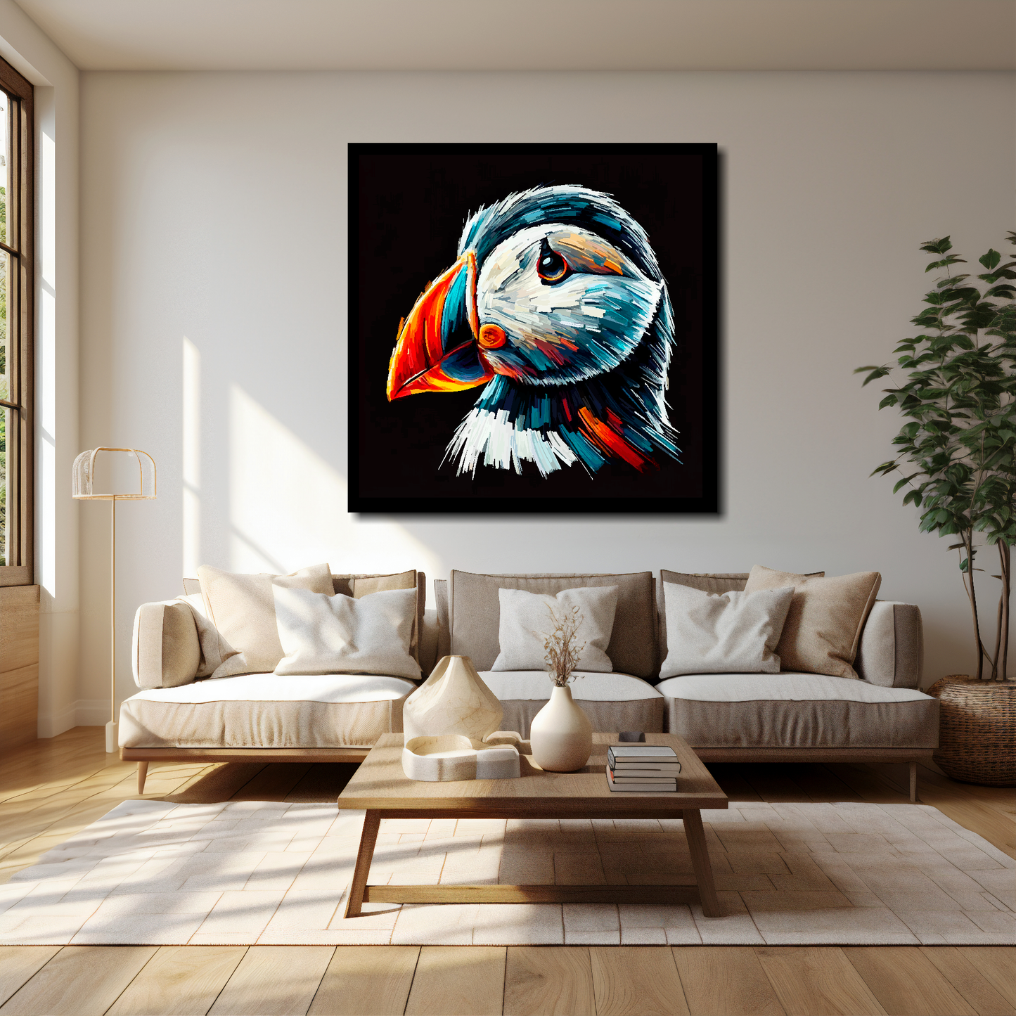Puffin canvas 40x40 inches above cream sofa - XL vibrant bird wall art UK