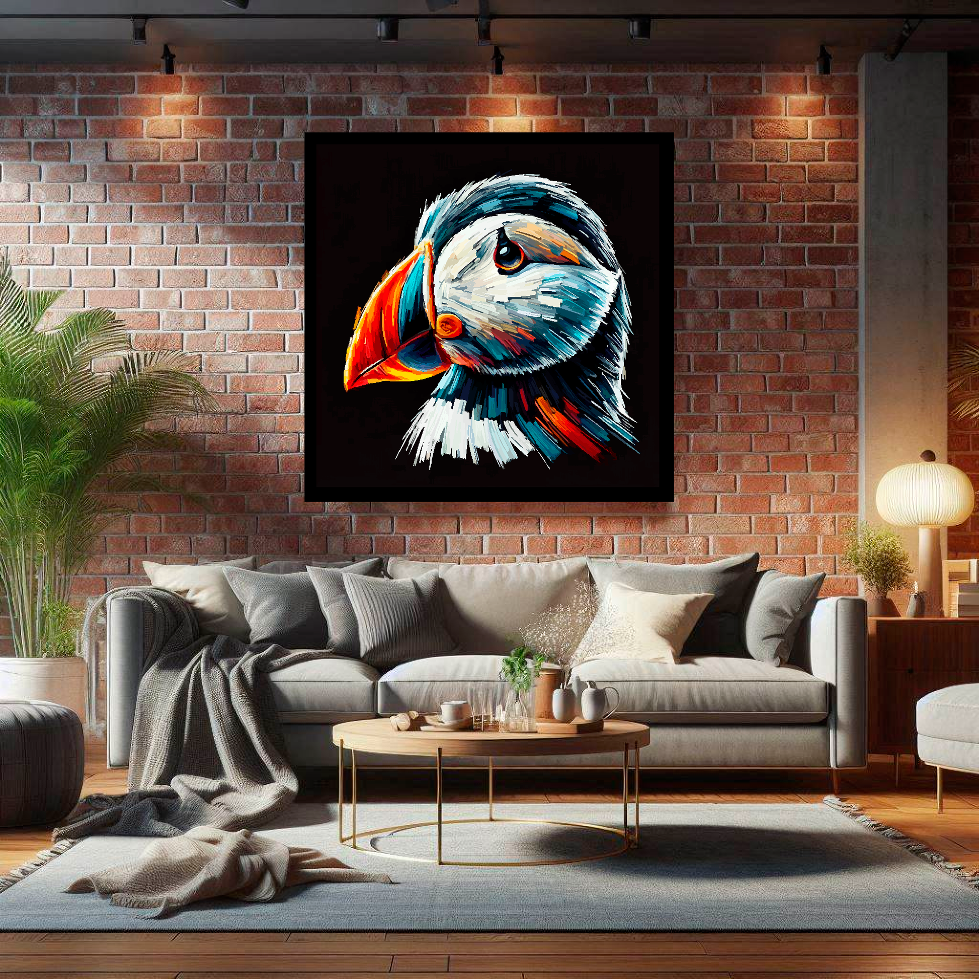 Large Puffin canvas on brick wall above grey sofa - bold bird portrait UK living room