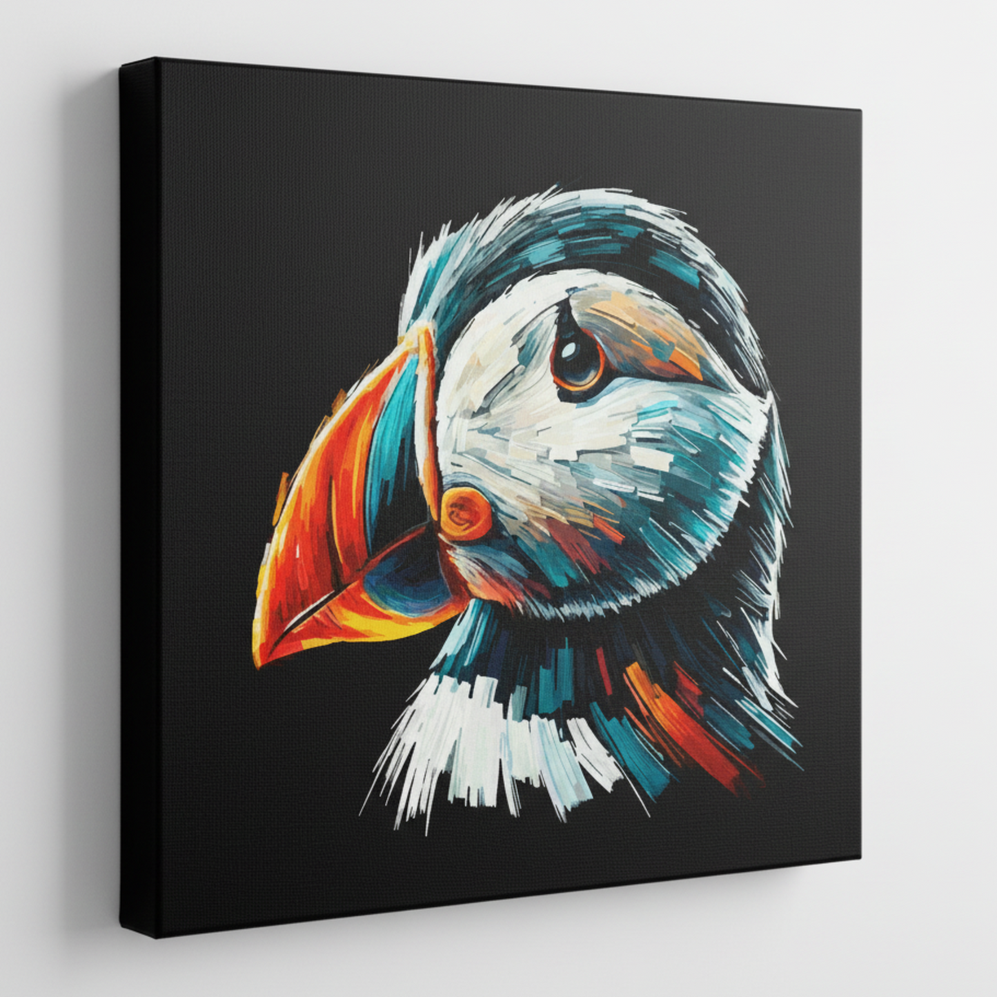 Colourful Puffin bird portrait canvas print - UK made abstract wildlife wall art black background