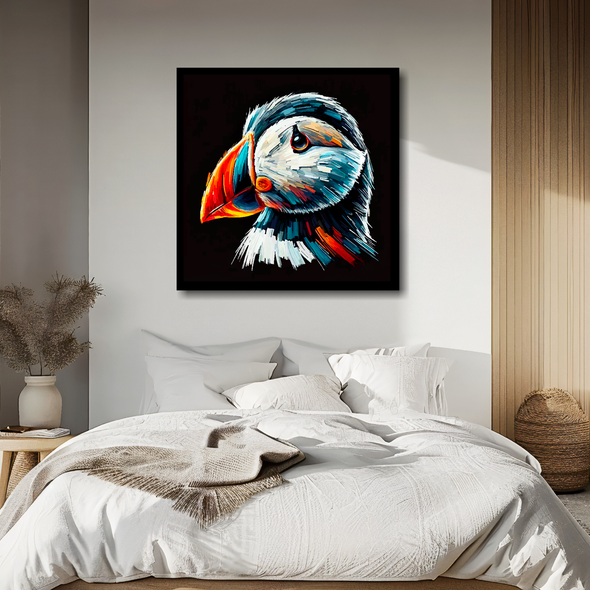 Puffin portrait canvas above bed - colourful bird wall decor for UK bedrooms
