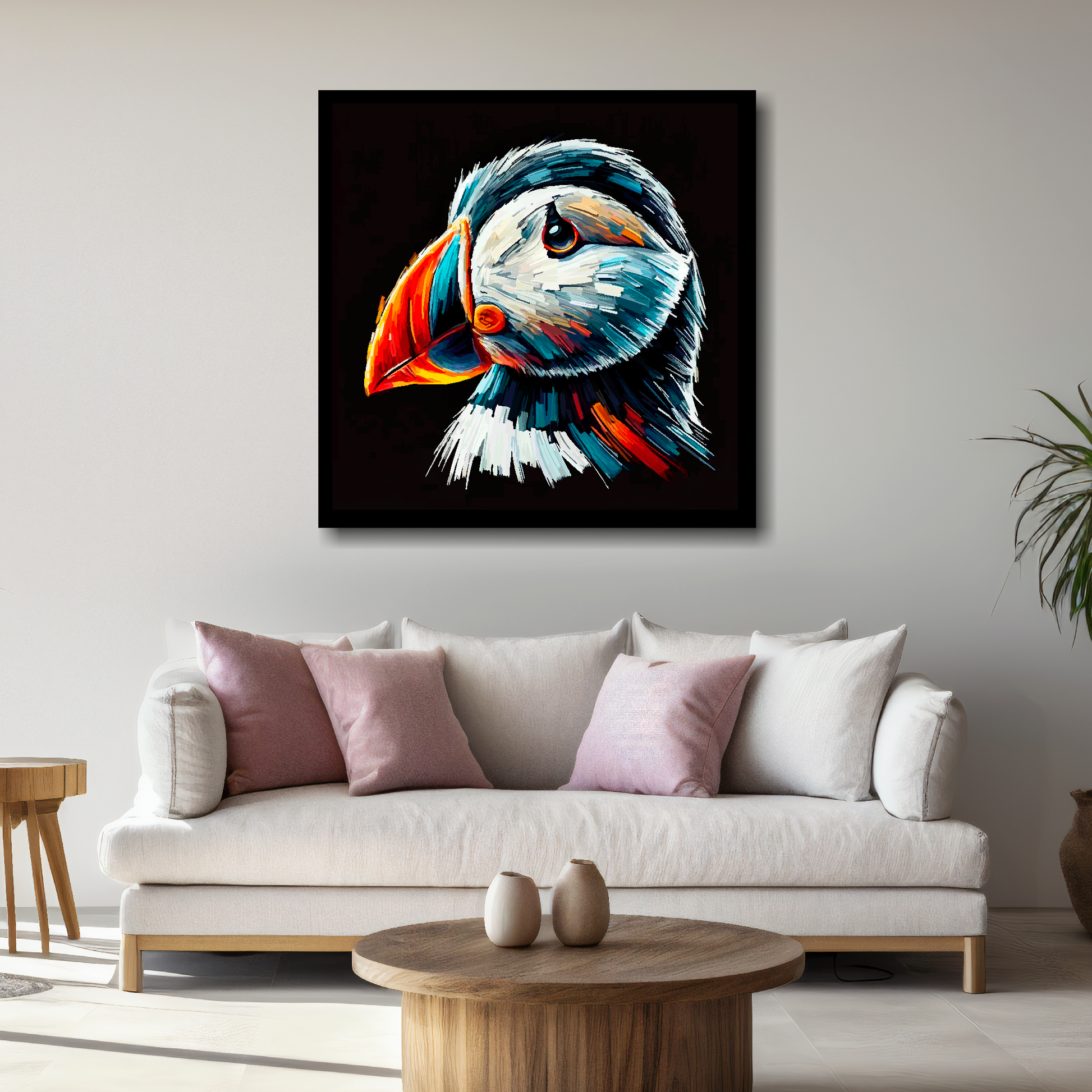 Large Puffin canvas above white sofa - vibrant abstract bird portrait wall art UK