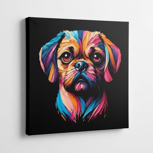 Colourful Puggle dog portrait canvas print - UK made abstract pet wall art black background