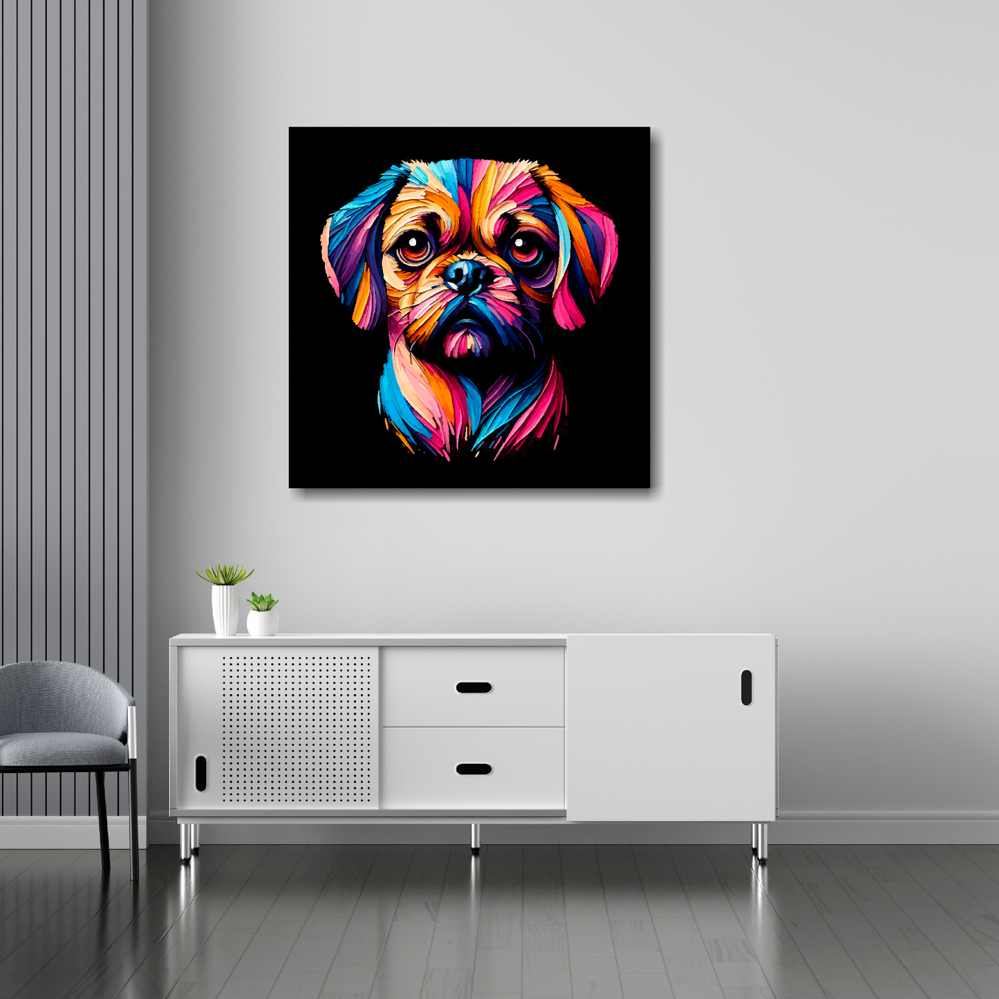 Puggle canvas 30x30 inches above sideboard - large colourful dog portrait UK made