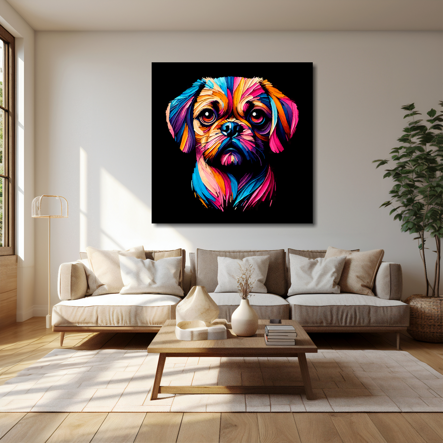 Puggle canvas 40x40 inches above cream sofa - XL vibrant dog wall art UK