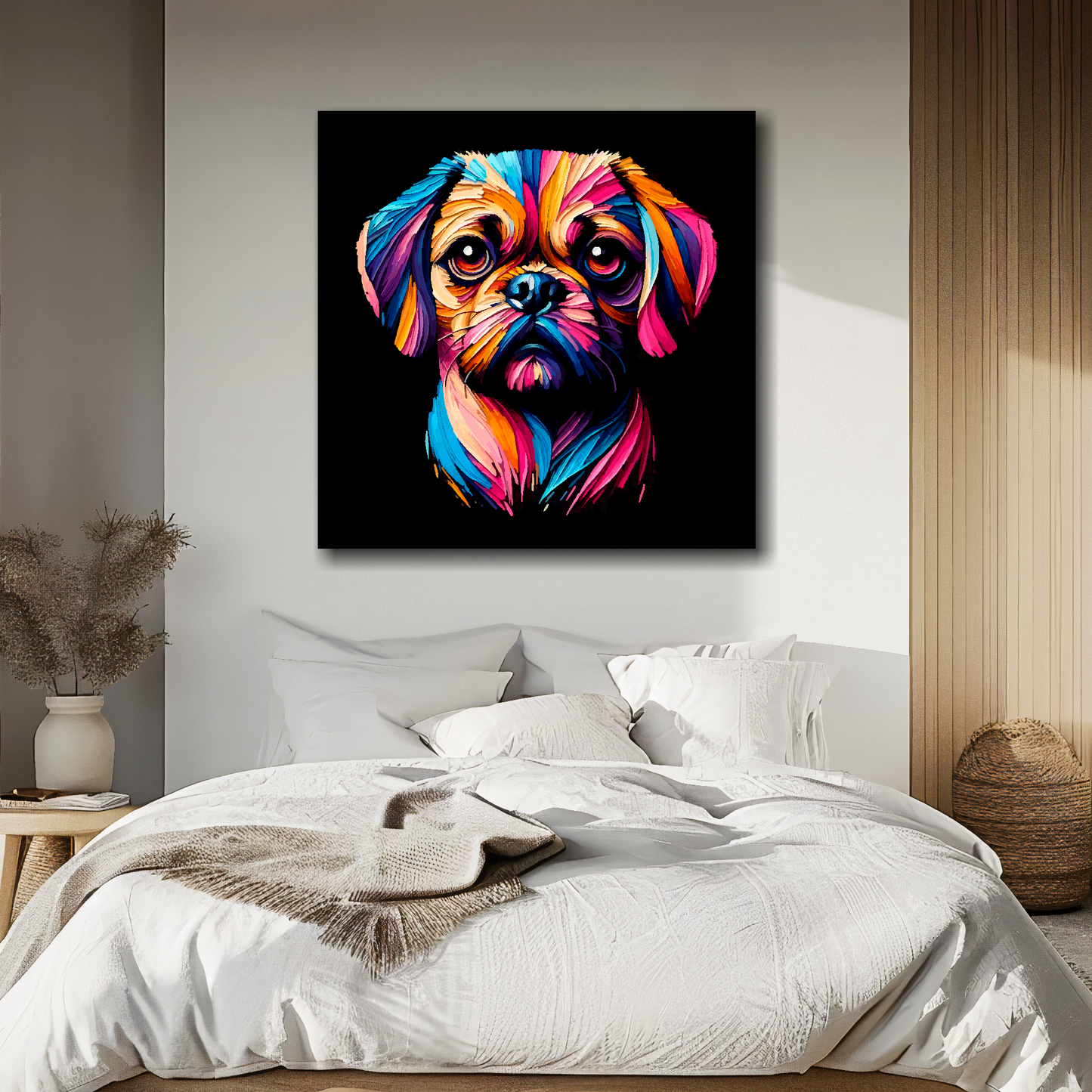Puggle portrait canvas above bed - colourful dog wall decor for UK bedrooms