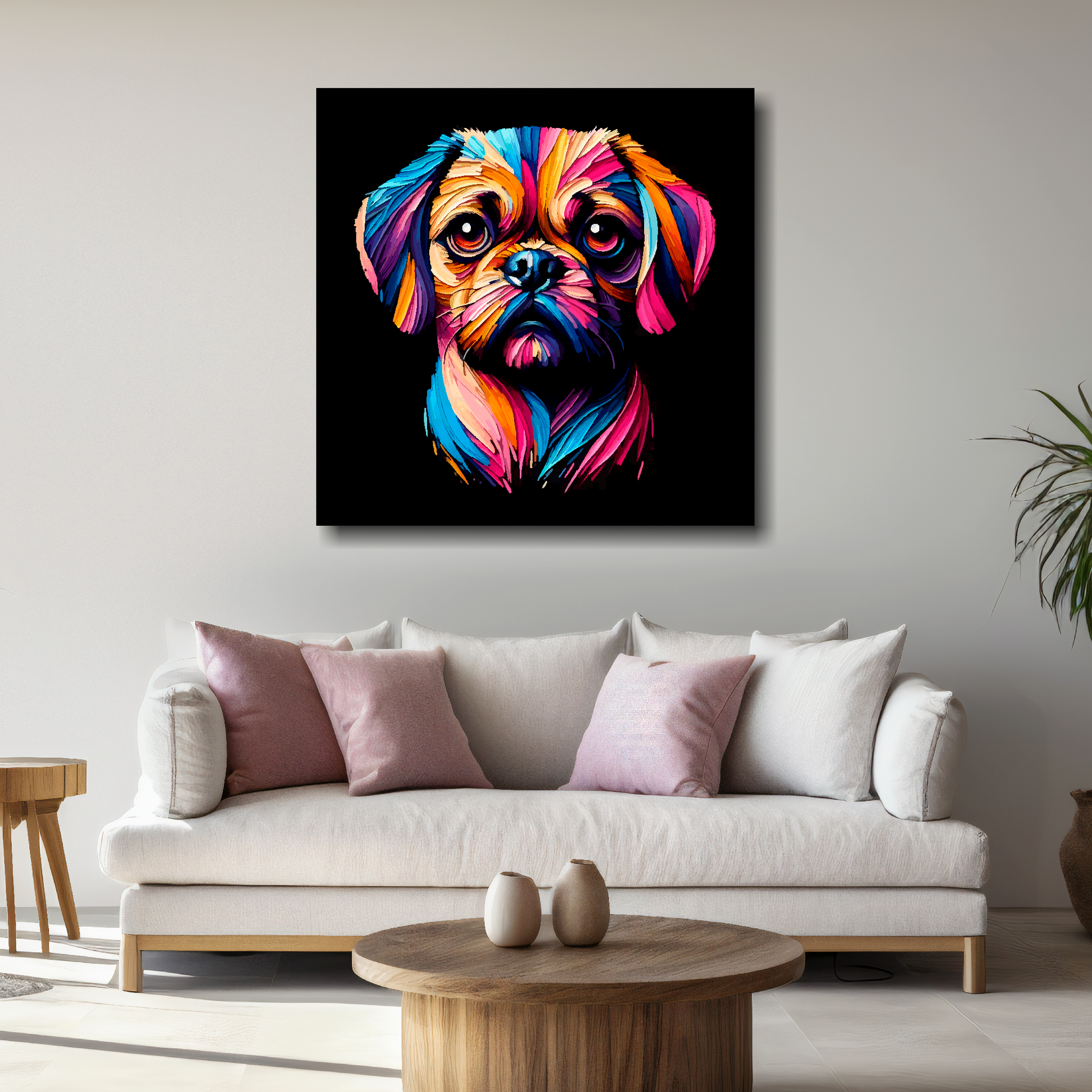 Large Puggle canvas above white sofa - vibrant abstract dog portrait wall art UK