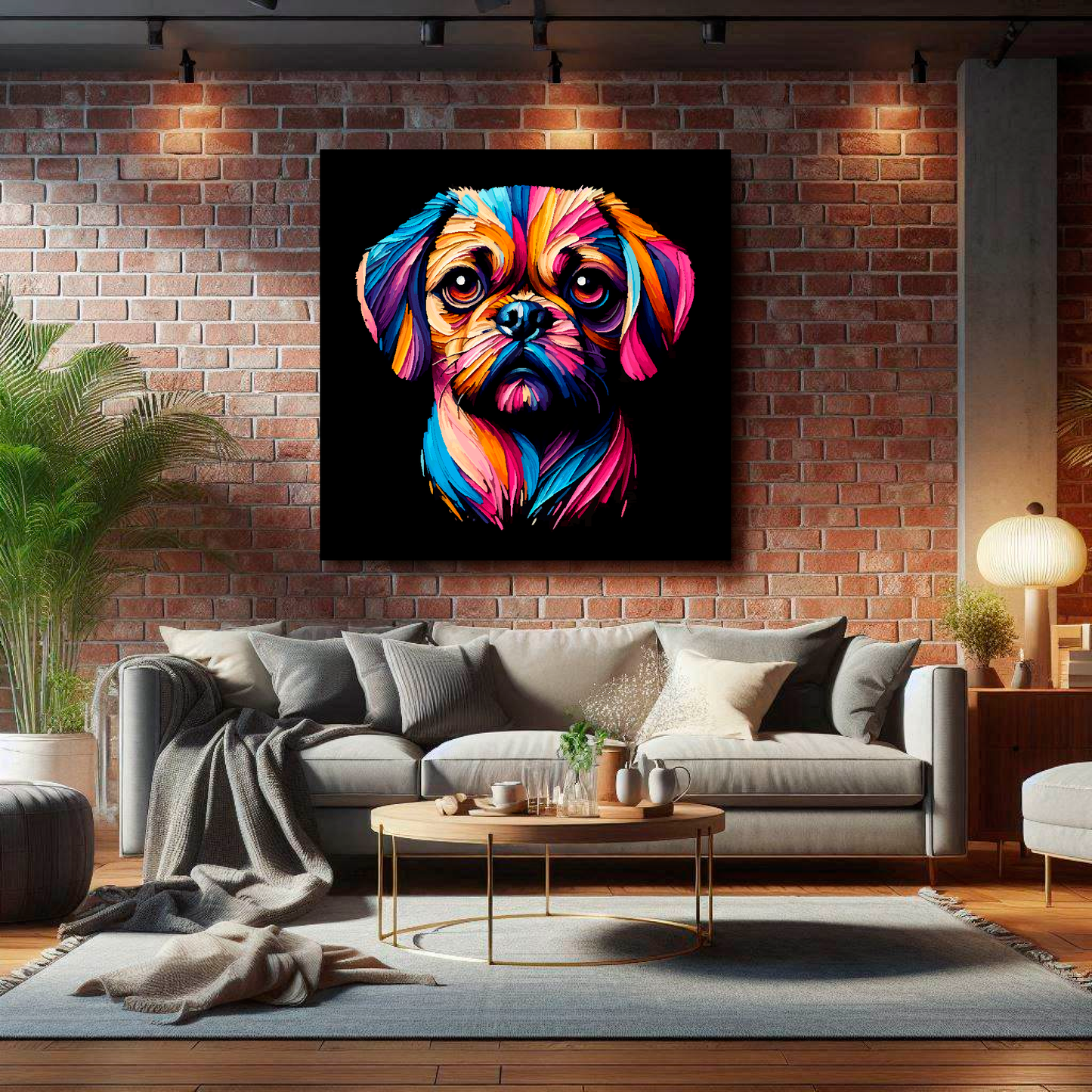 Large Puggle canvas on brick wall above grey sofa - bold dog portrait UK living room