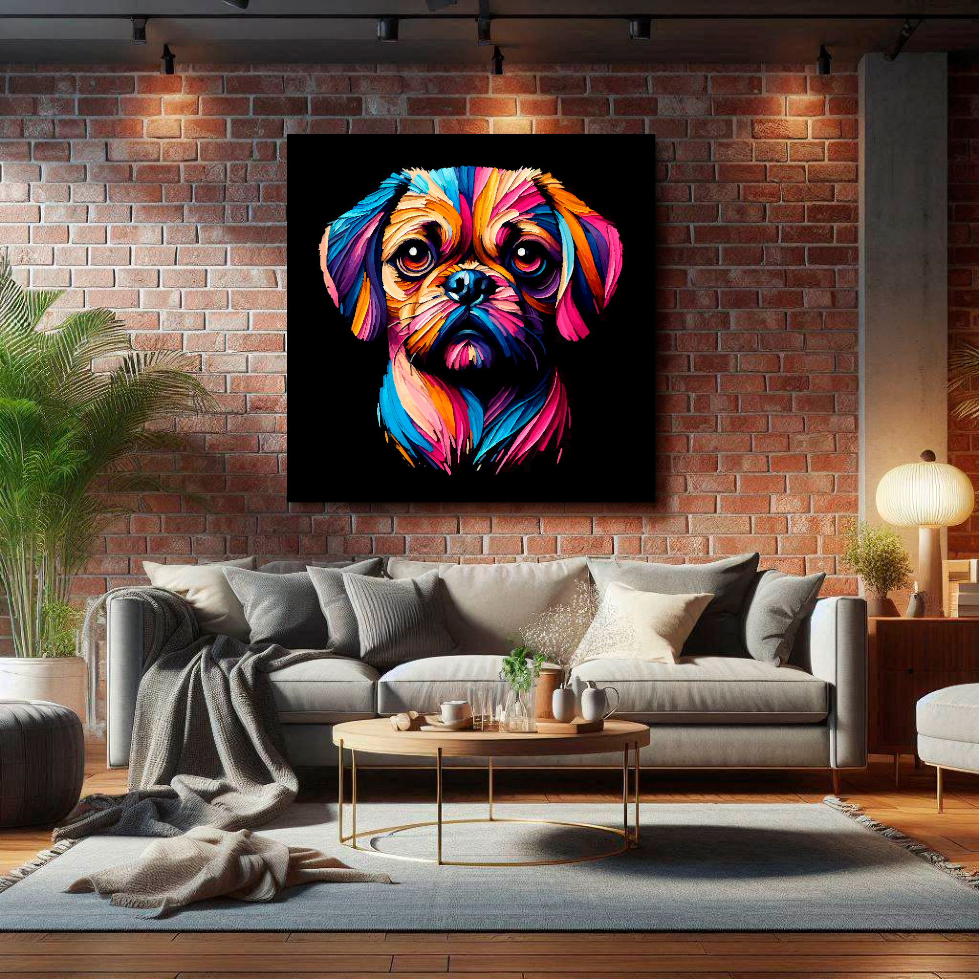 Large Puggle canvas on brick wall above grey sofa - bold dog portrait UK living room