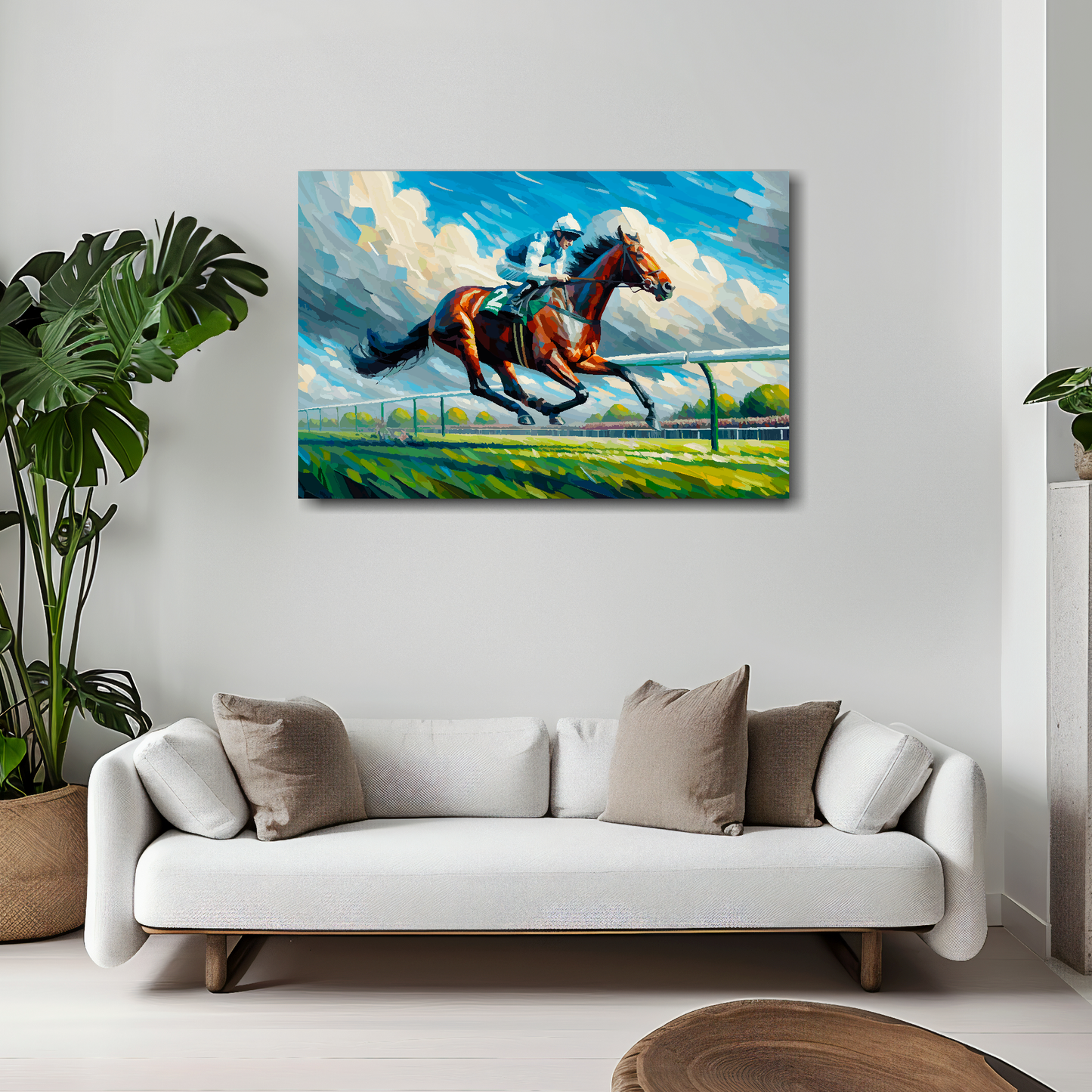 Race horse canvas 30x20 inches above white sofa - vibrant equestrian wall art UK