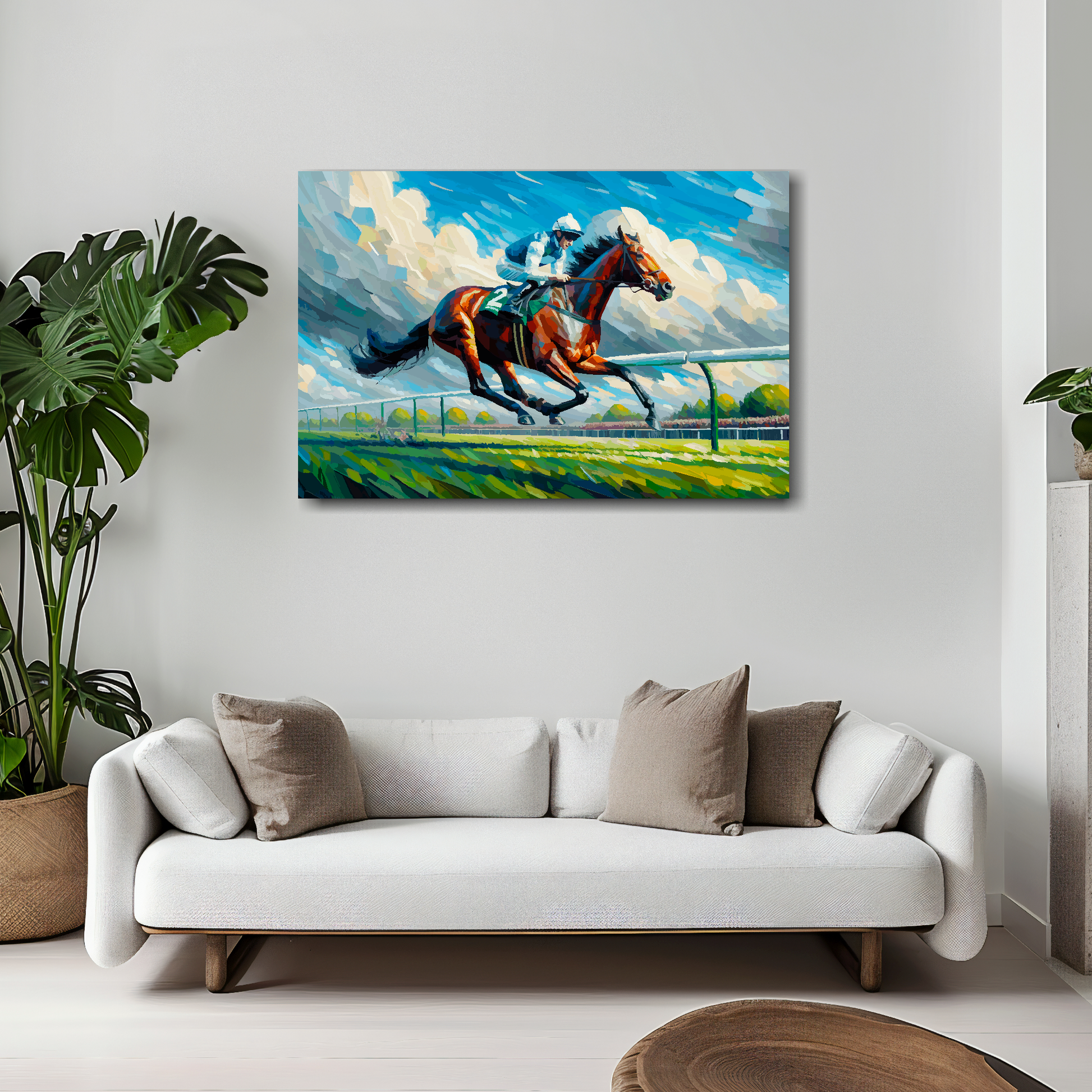 Race horse canvas 30x20 inches above white sofa - vibrant equestrian wall art UK