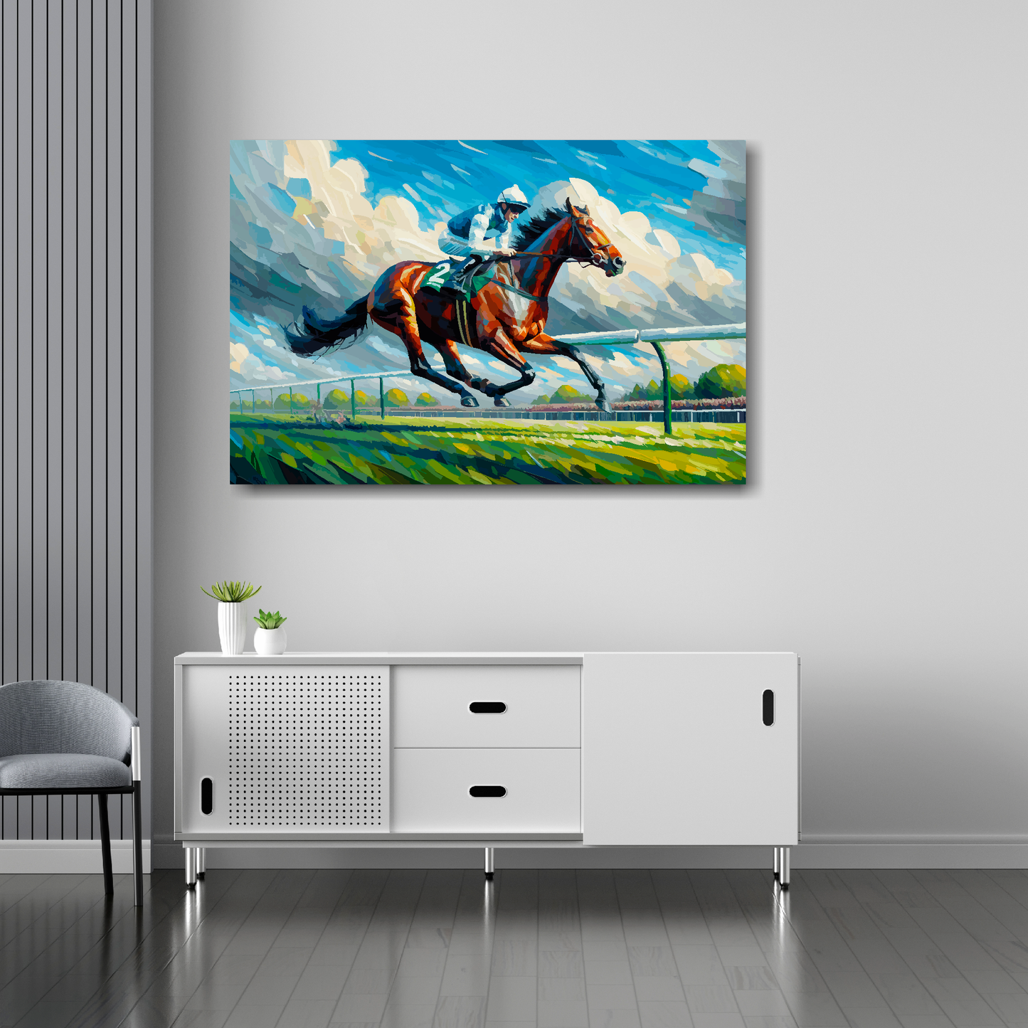 Race horse canvas 36x24 inches above sideboard - large colourful equestrian art UK made