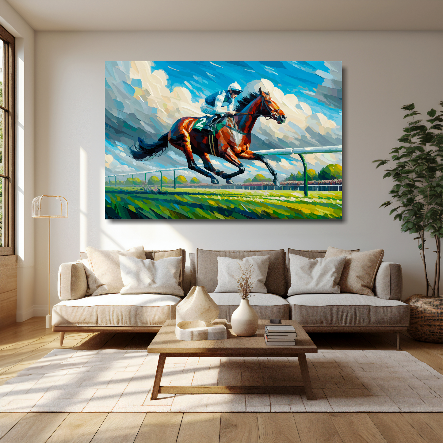Race horse canvas 60x40 inches above cream sofa - XL vibrant equestrian wall art UK