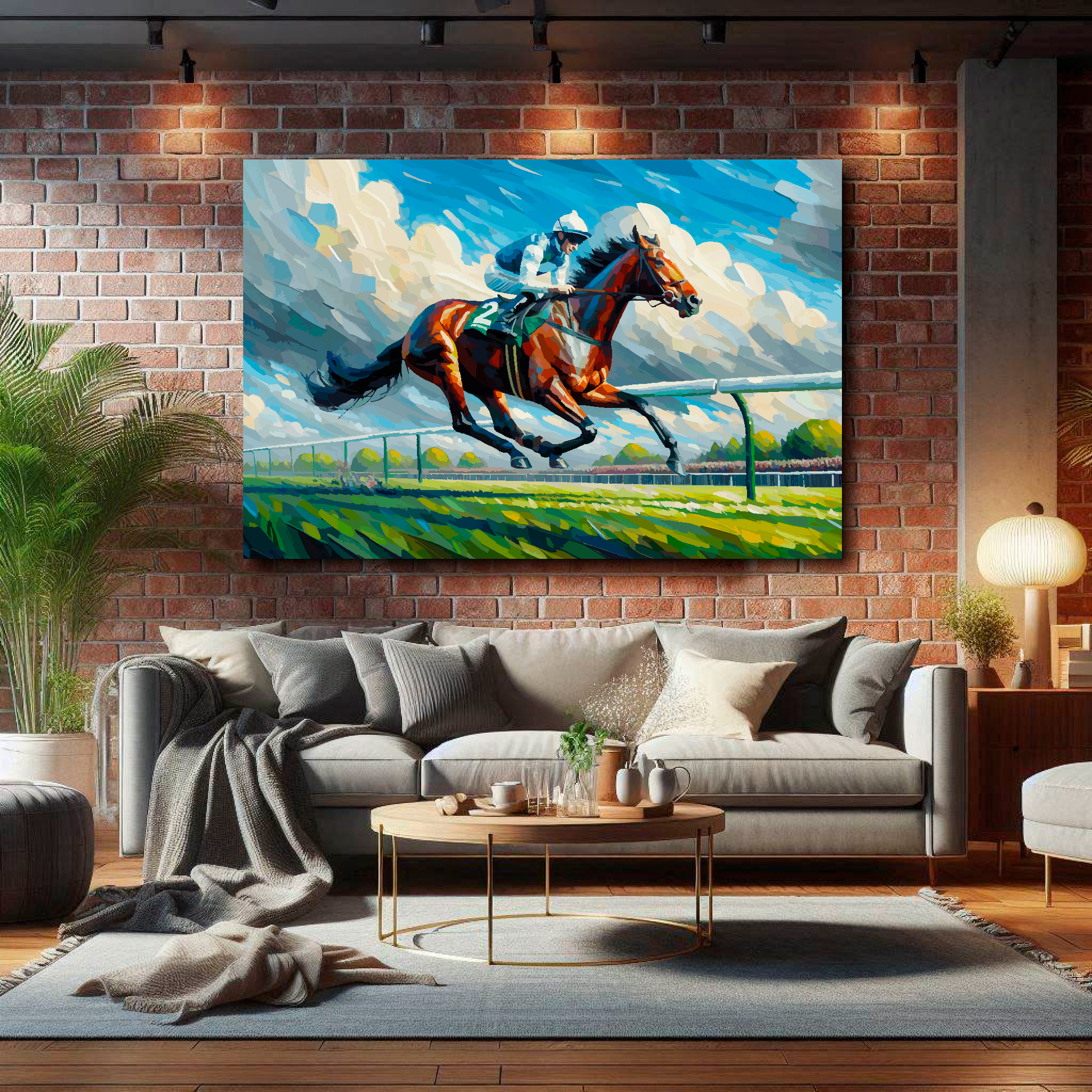 Large race horse canvas on brick wall above grey sofa - bold equestrian art UK living room