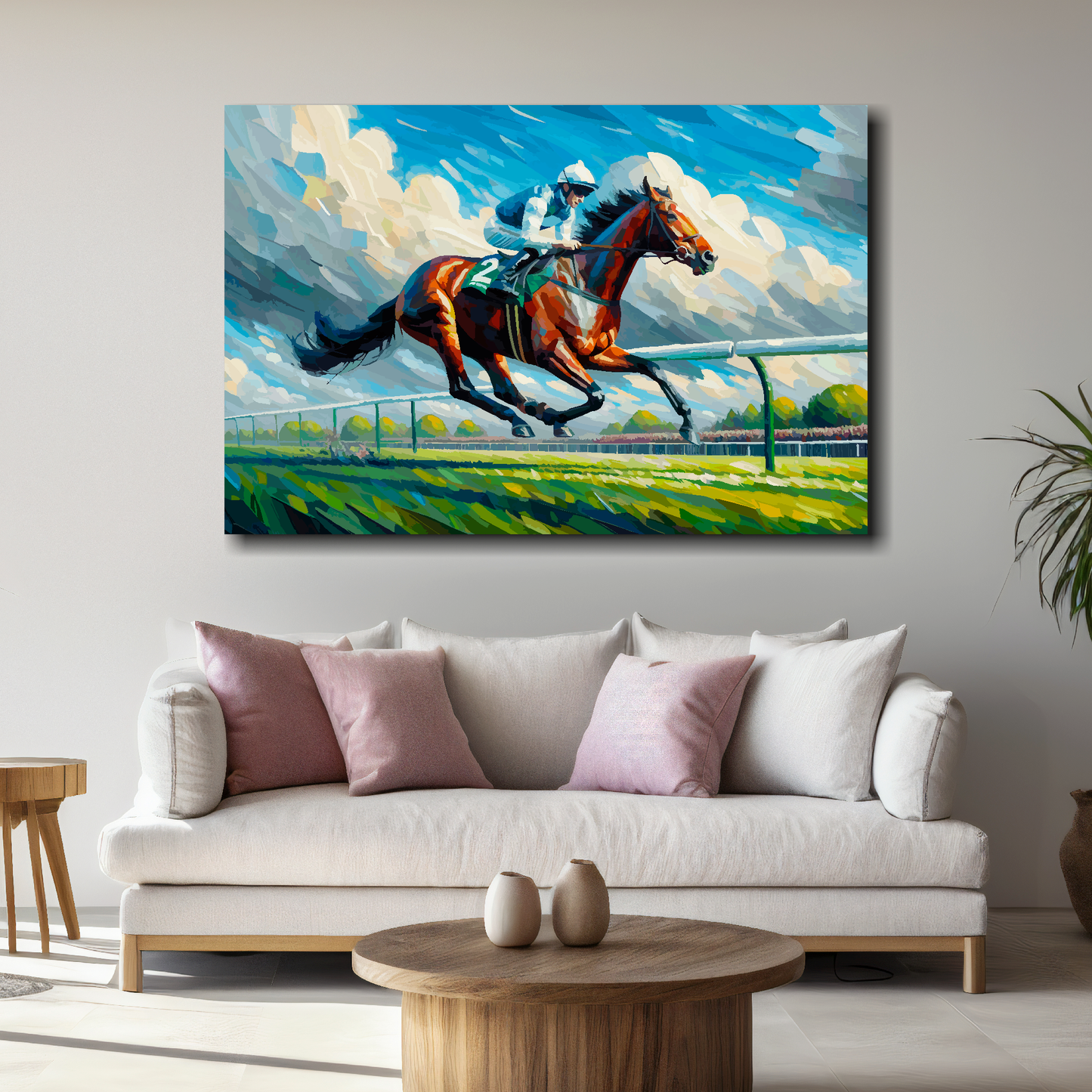 Large race horse canvas above white sofa - vibrant abstract equestrian wall art UK