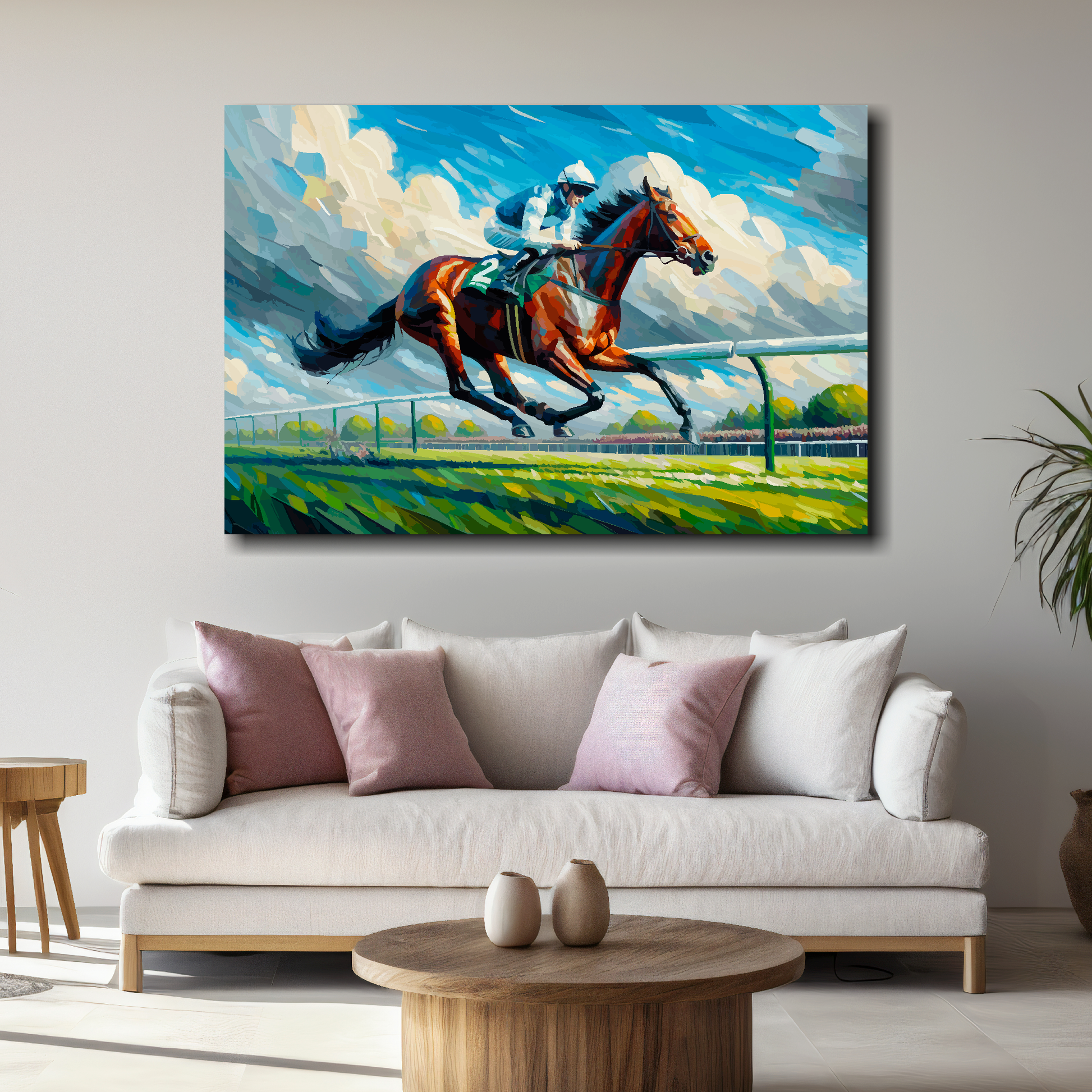 Large race horse canvas above white sofa - vibrant abstract equestrian wall art UK