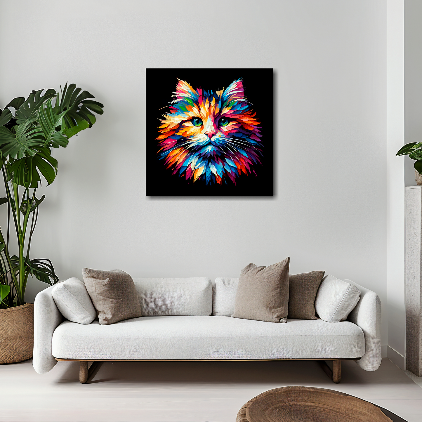 Ragamuffin cat canvas 20x20 inches above white sofa - vibrant cat portrait wall art UK
