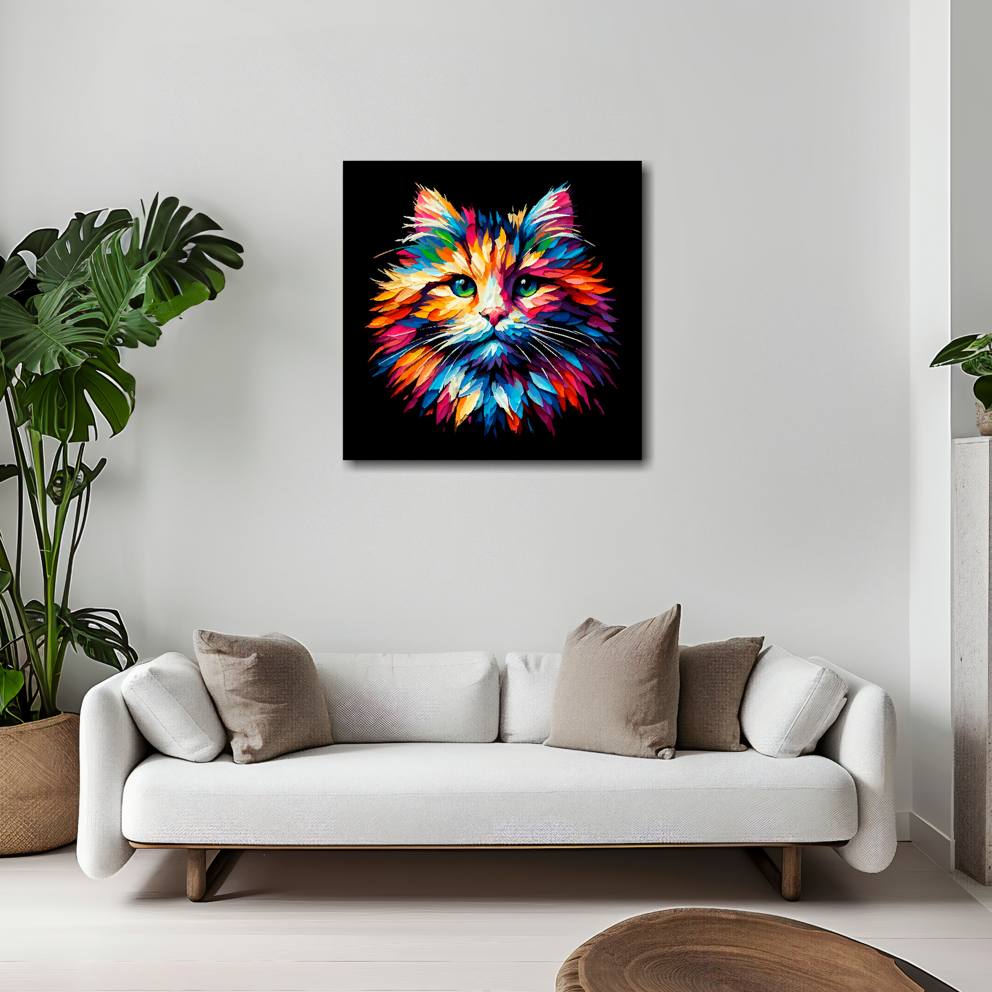 Ragamuffin cat canvas 20x20 inches above white sofa - vibrant cat portrait wall art UK