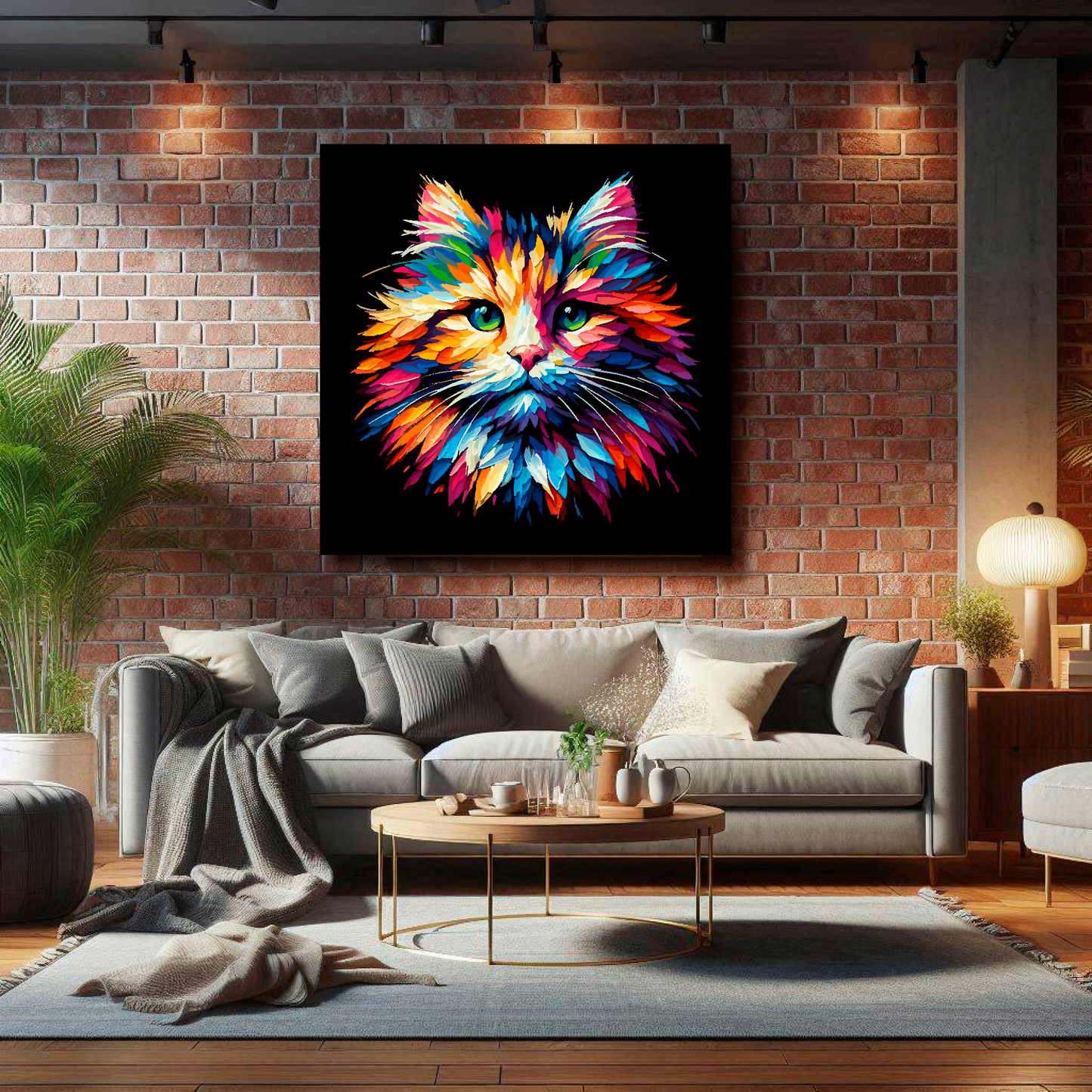 Large Ragamuffin cat canvas on brick wall above grey sofa - bold cat portrait UK living room