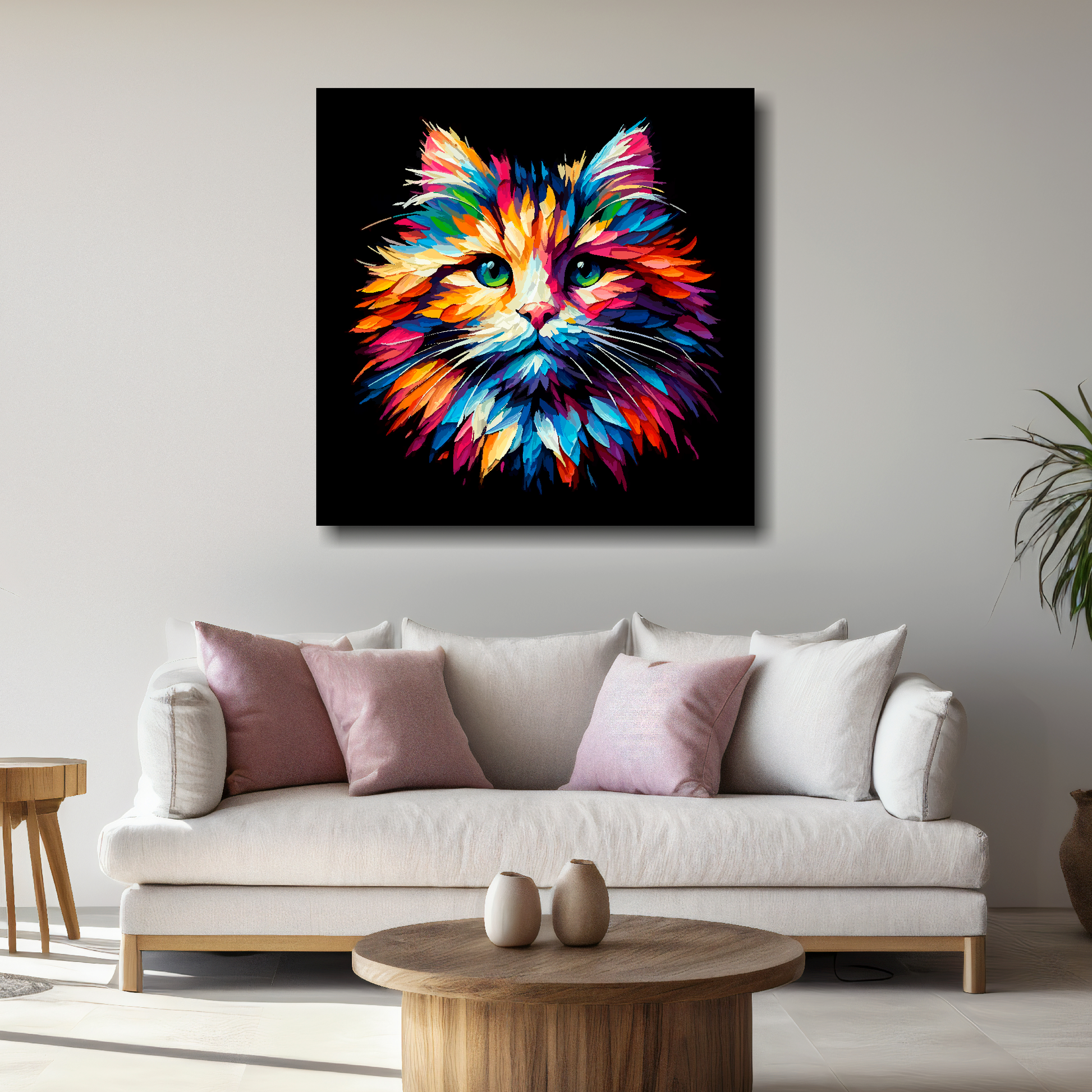 Large Ragamuffin cat canvas above white sofa - vibrant abstract cat portrait wall art UK