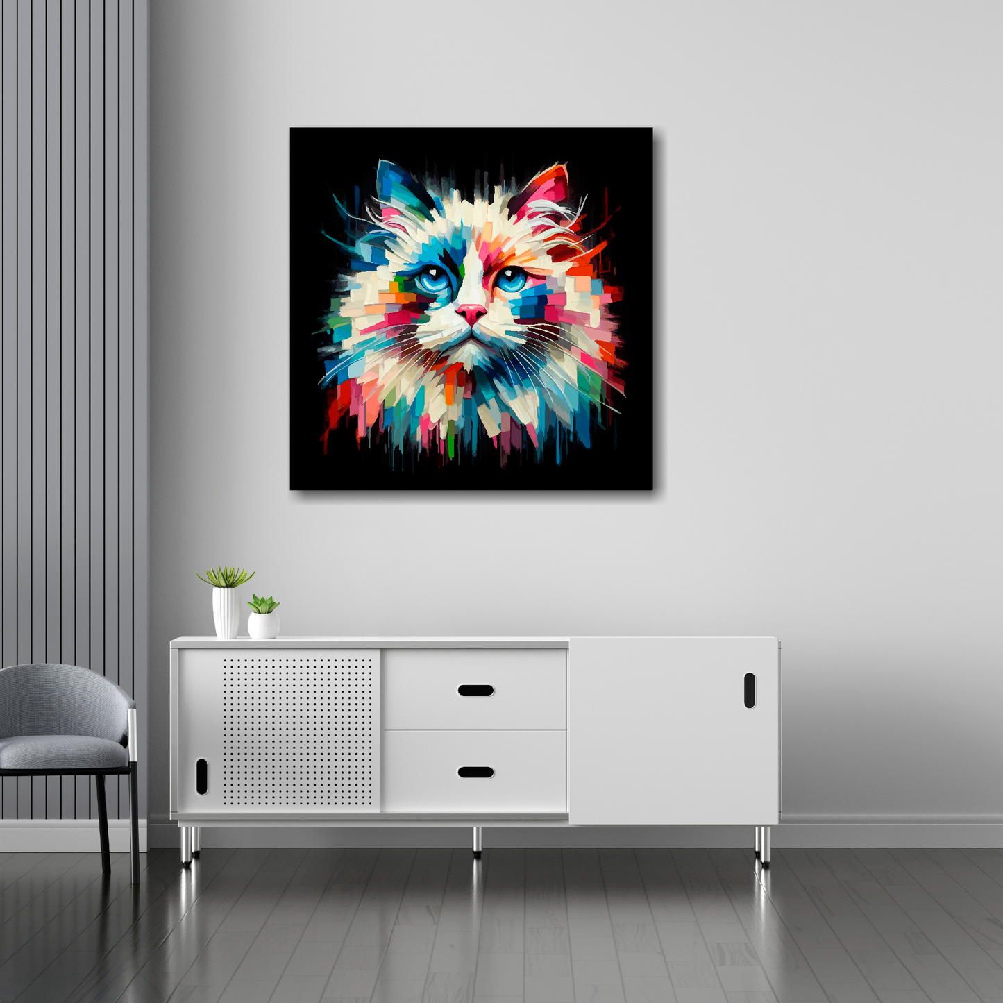 Ragdoll cat canvas 30x30 inches above sideboard - large colourful cat portrait UK made